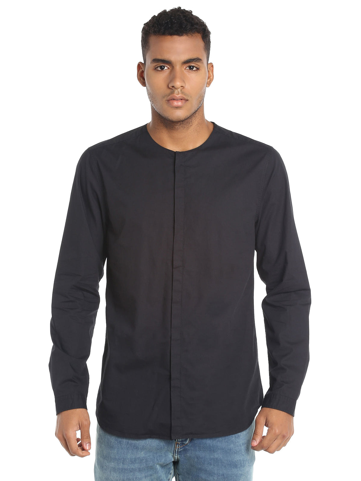 Black Collarless Slim Fit Shirt - S