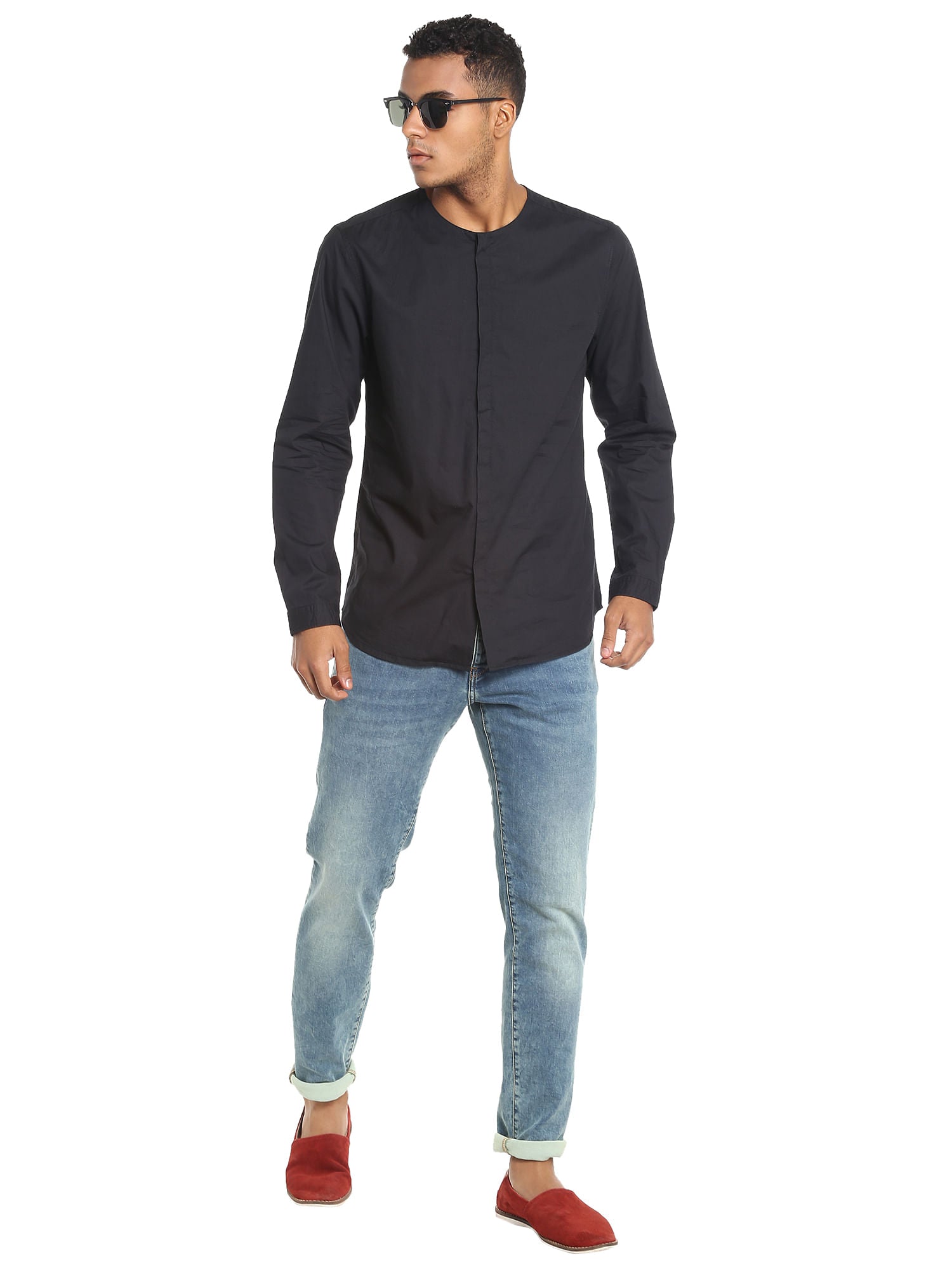 Black Collarless Slim Fit Shirt