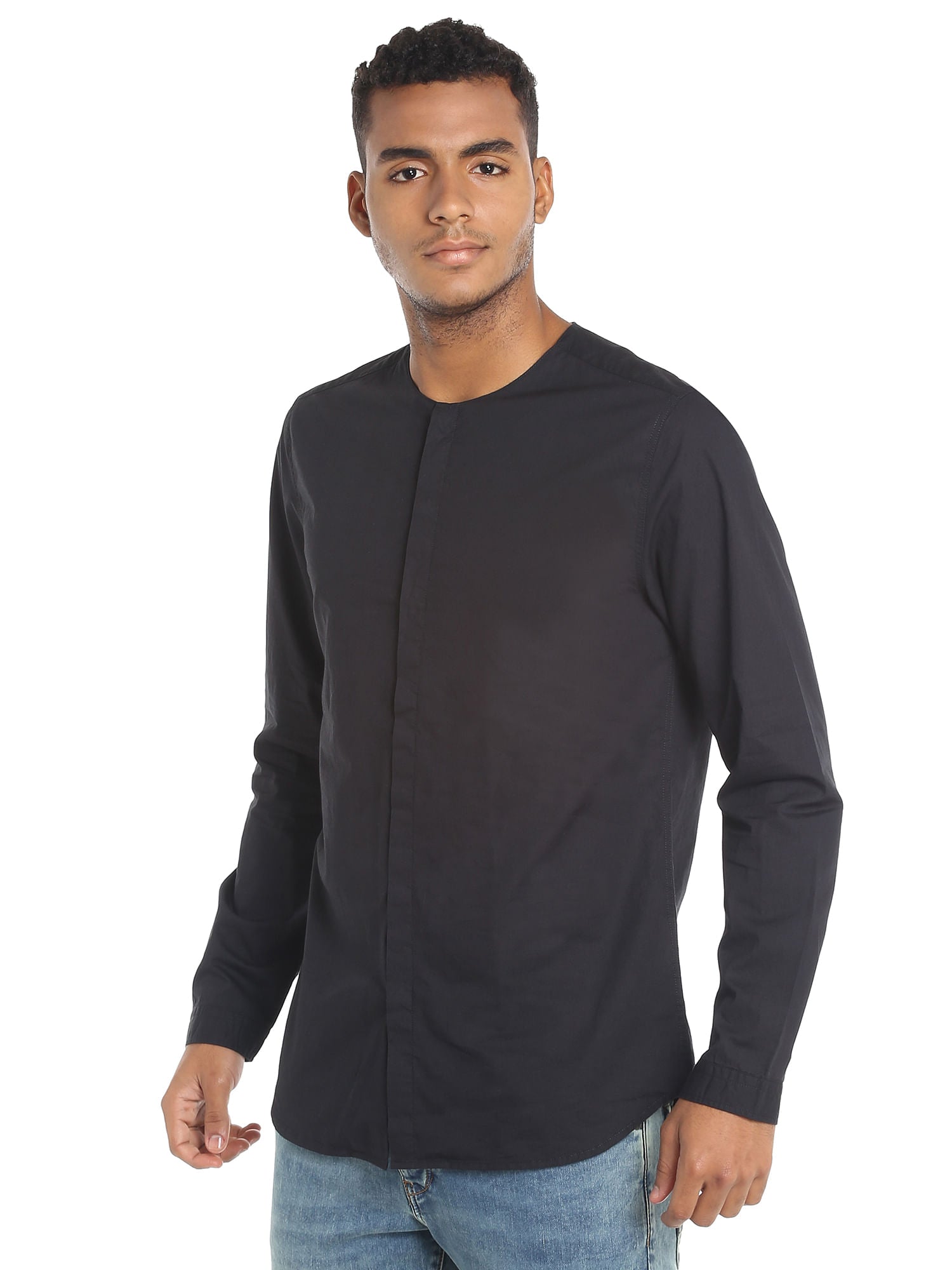 Black Collarless Slim Fit Shirt