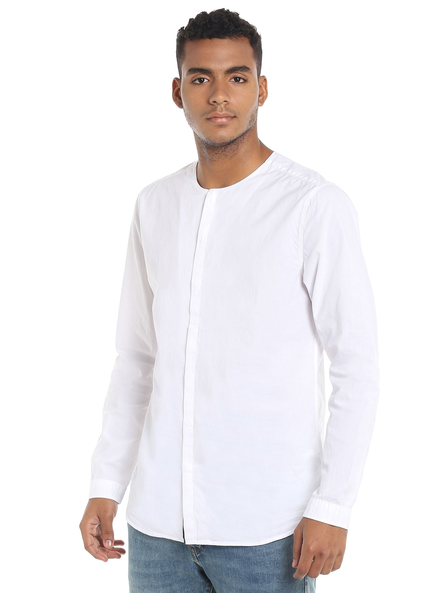 White Collarless Slim Fit Shirt