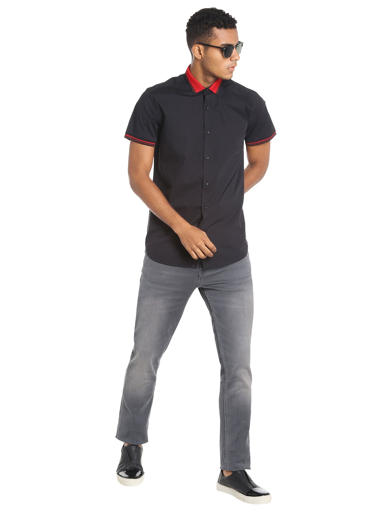 Red Collared Black Slim Fit Shirt