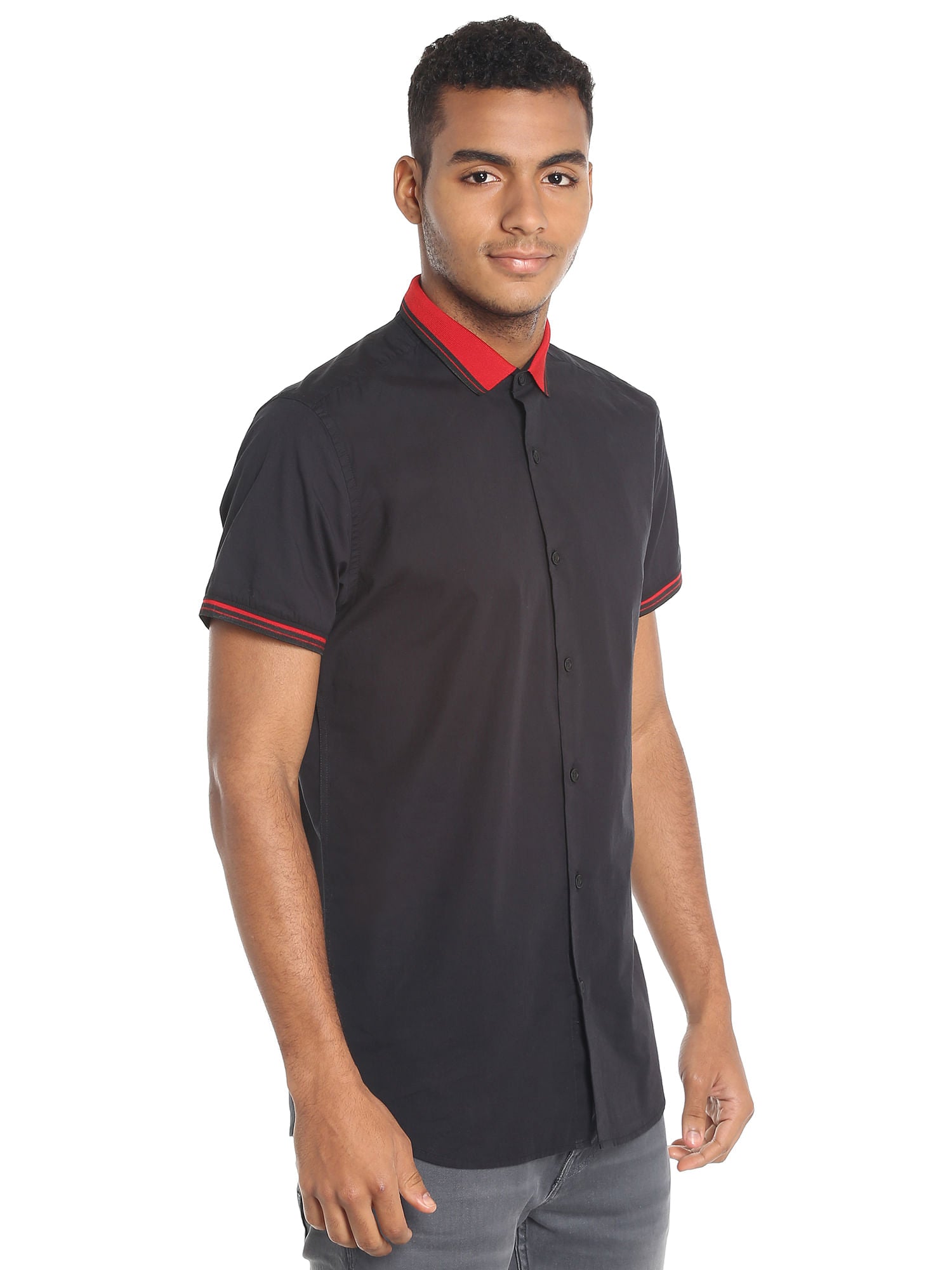 Red Collared Black Slim Fit Shirt