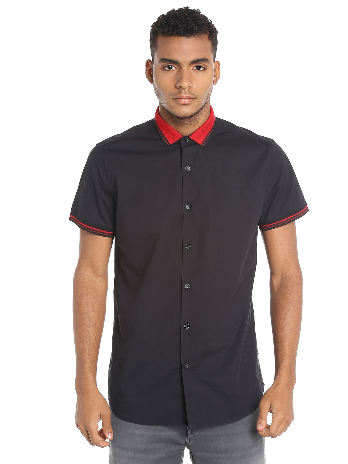 Red Collared Black Slim Fit Shirt - S