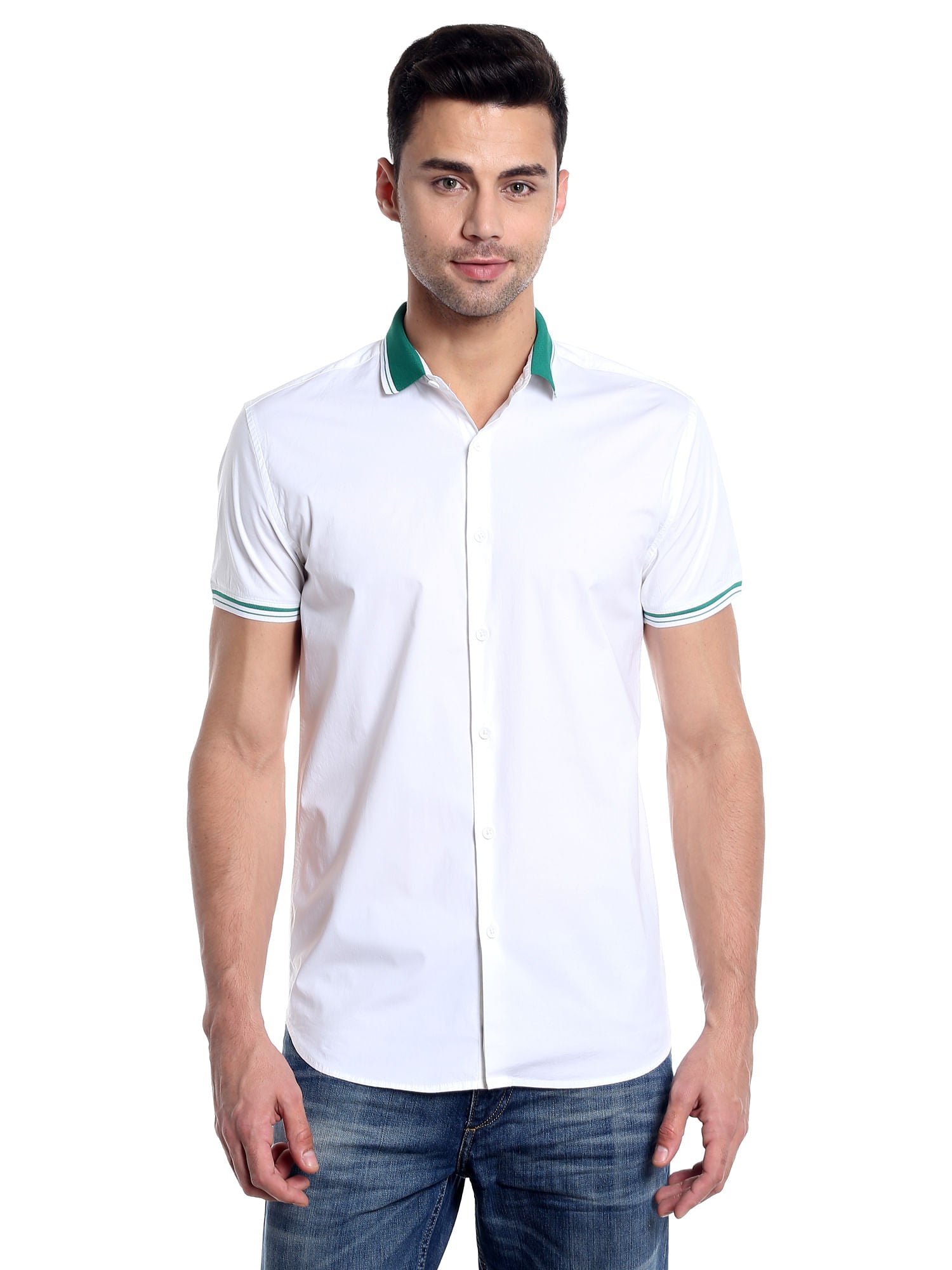 Green Collared White Slim Fit Shirt
