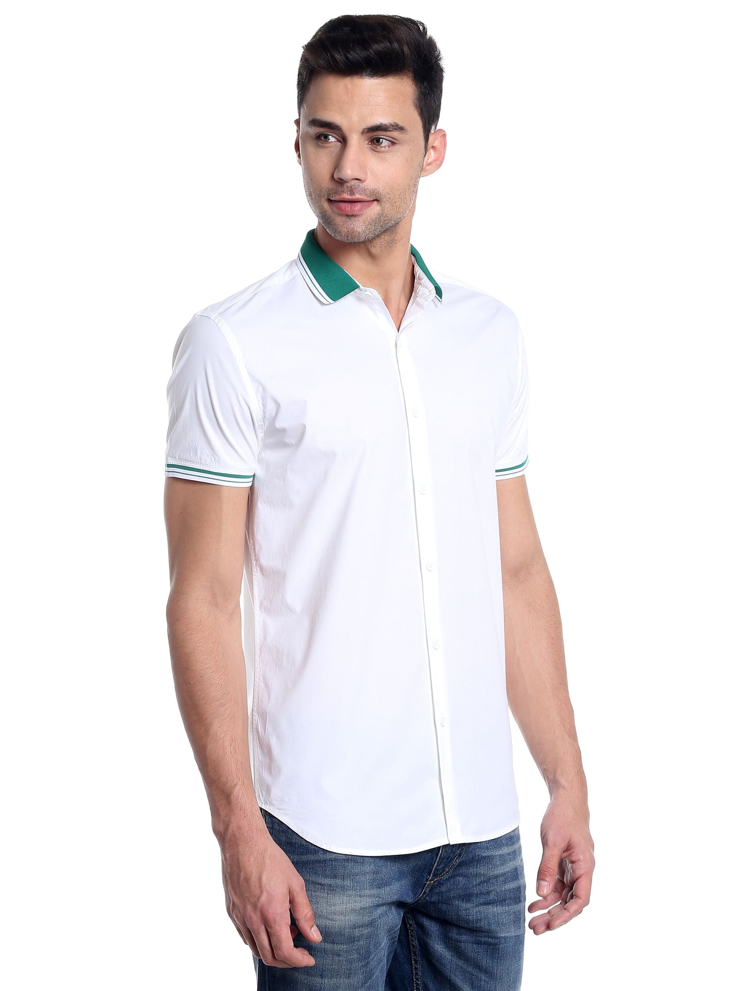 Green Collared White Slim Fit Shirt