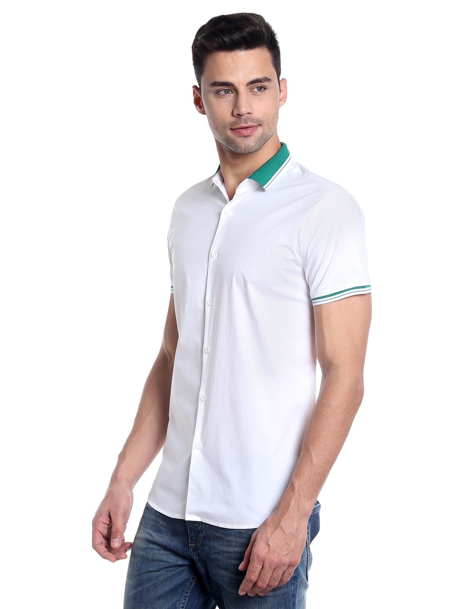 Green Collared White Slim Fit Shirt