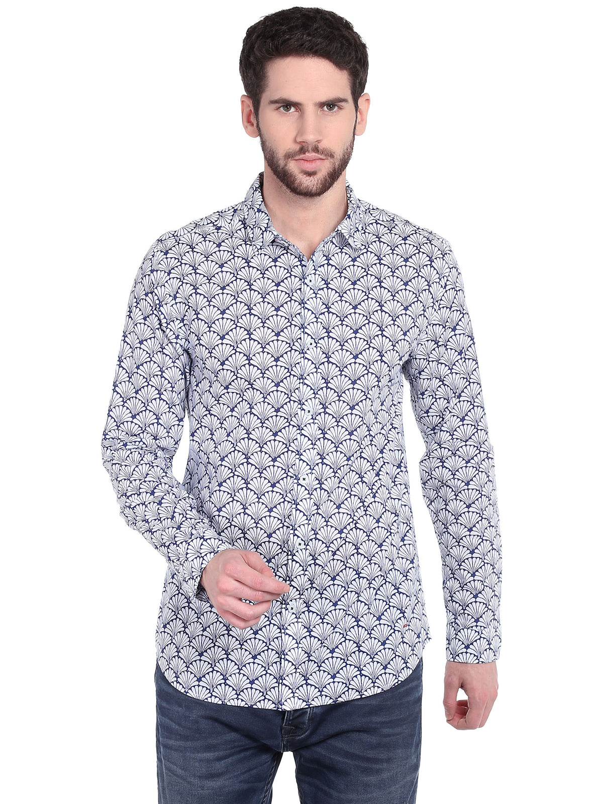 White & Blue Print Slim Fit Shirt - S