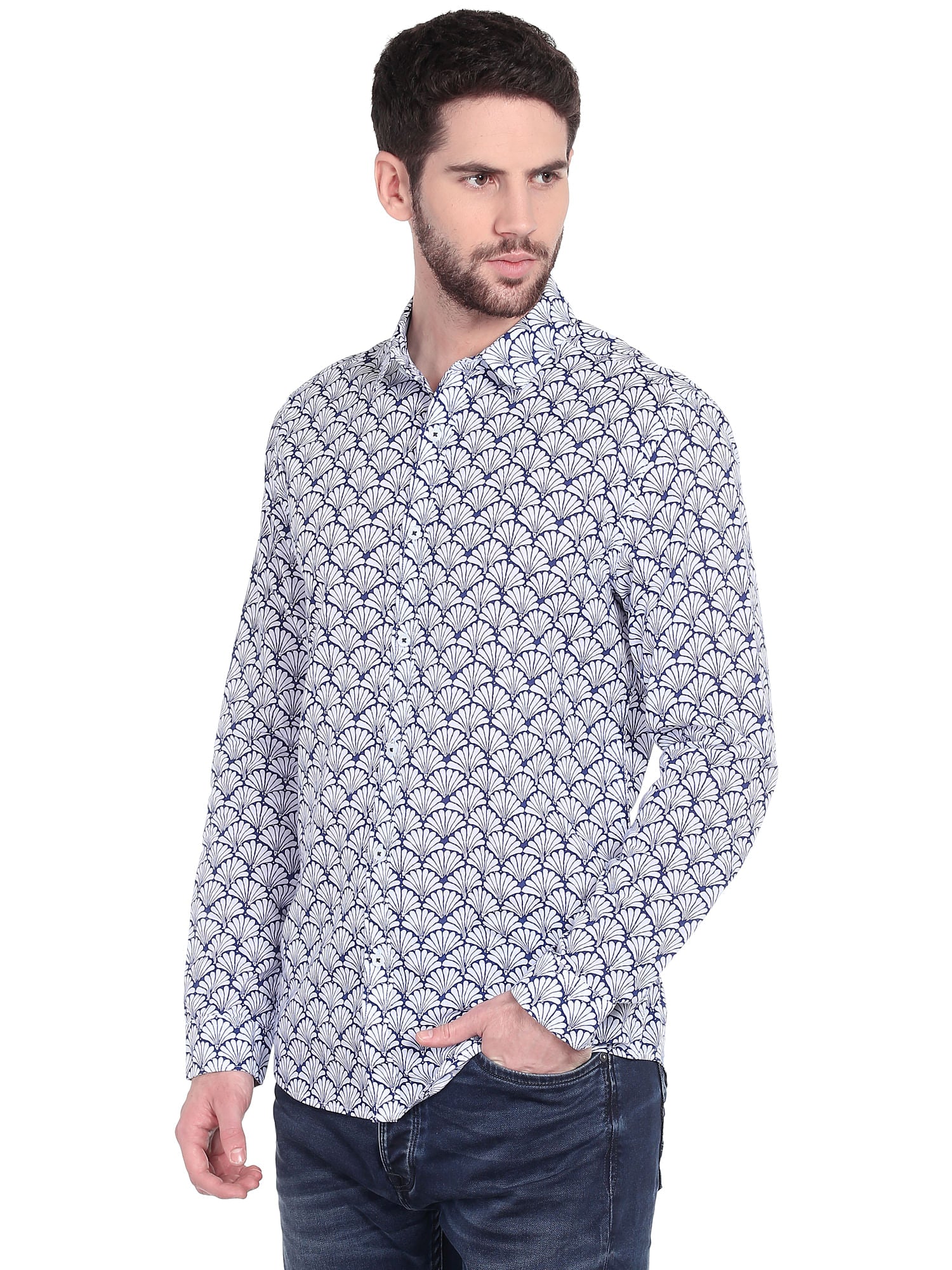 White & Blue Print Slim Fit Shirt