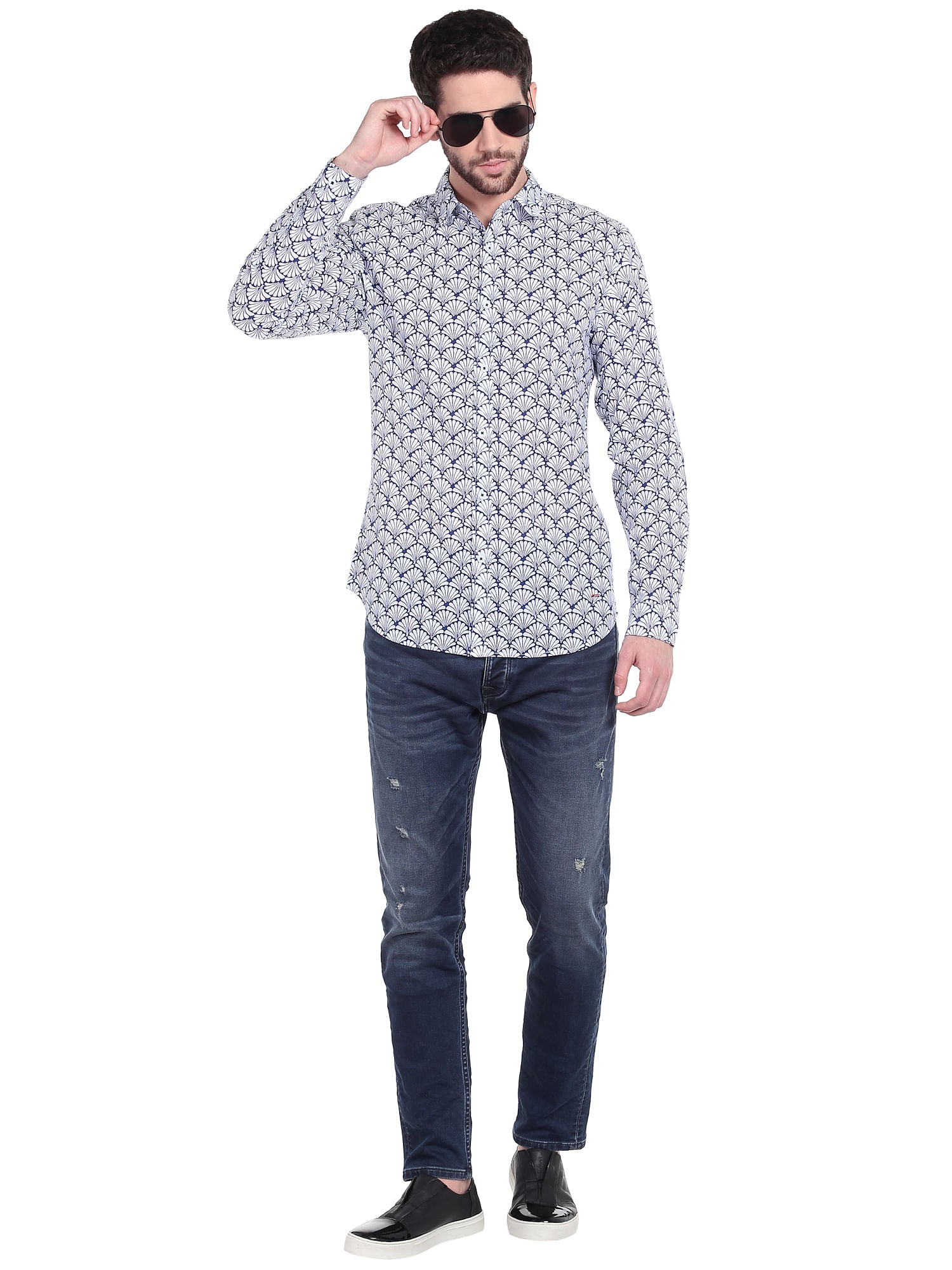 White & Blue Print Slim Fit Shirt