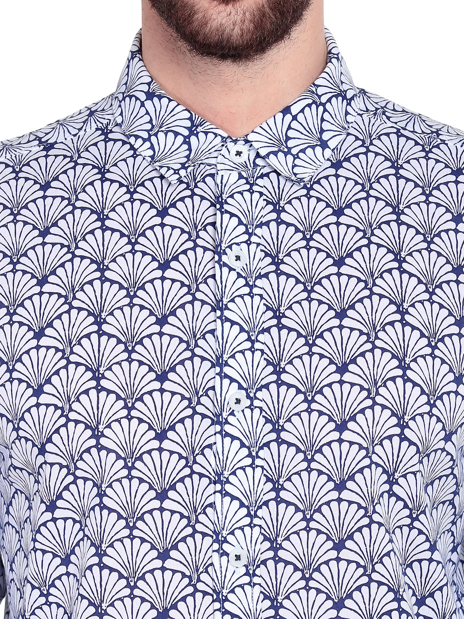 White & Blue Print Slim Fit Shirt