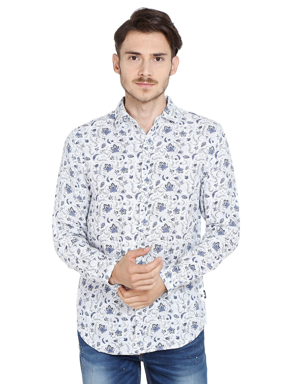 Floral Print White Linen Shirt - S