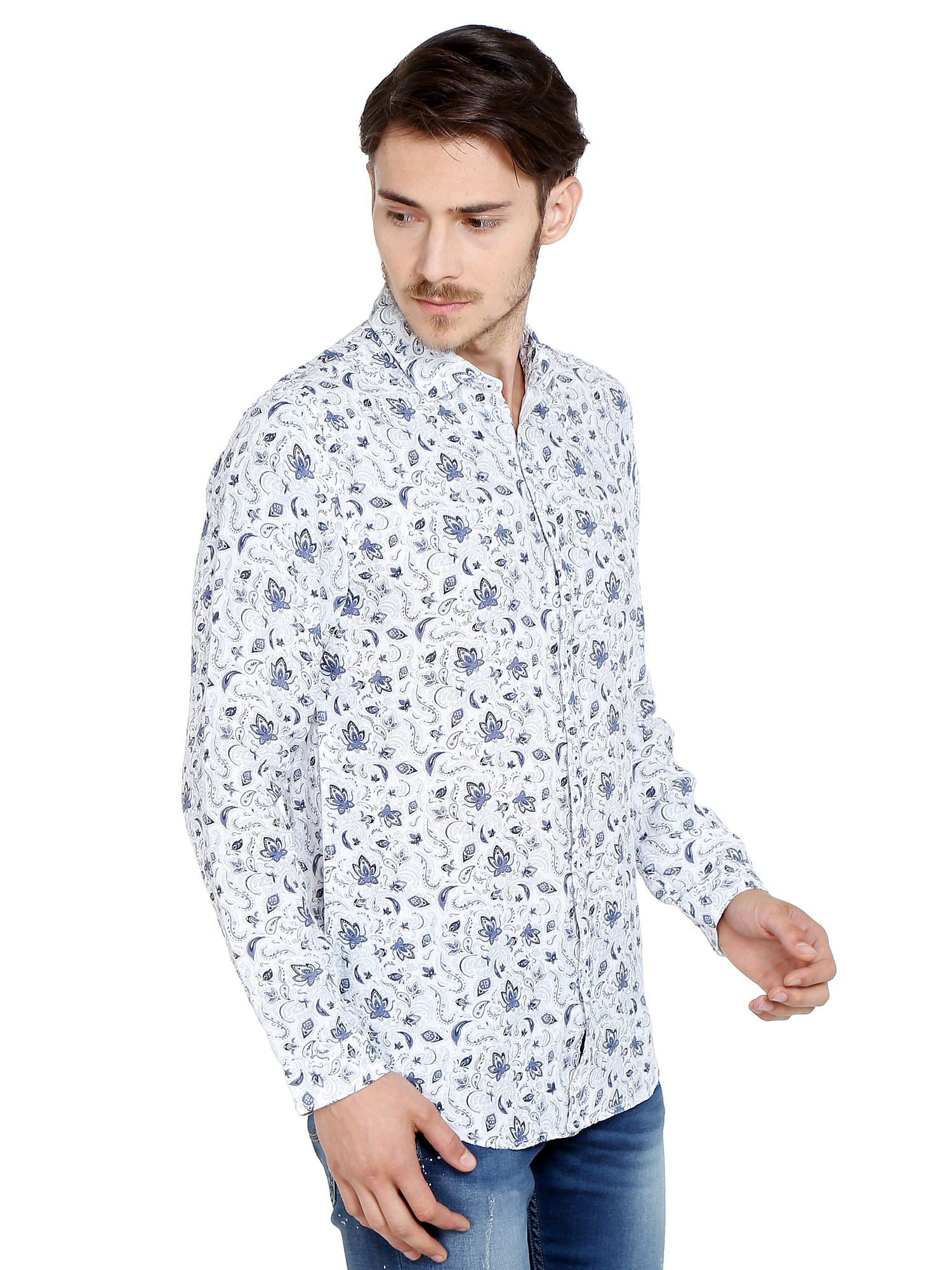 Floral Print White Linen Shirt