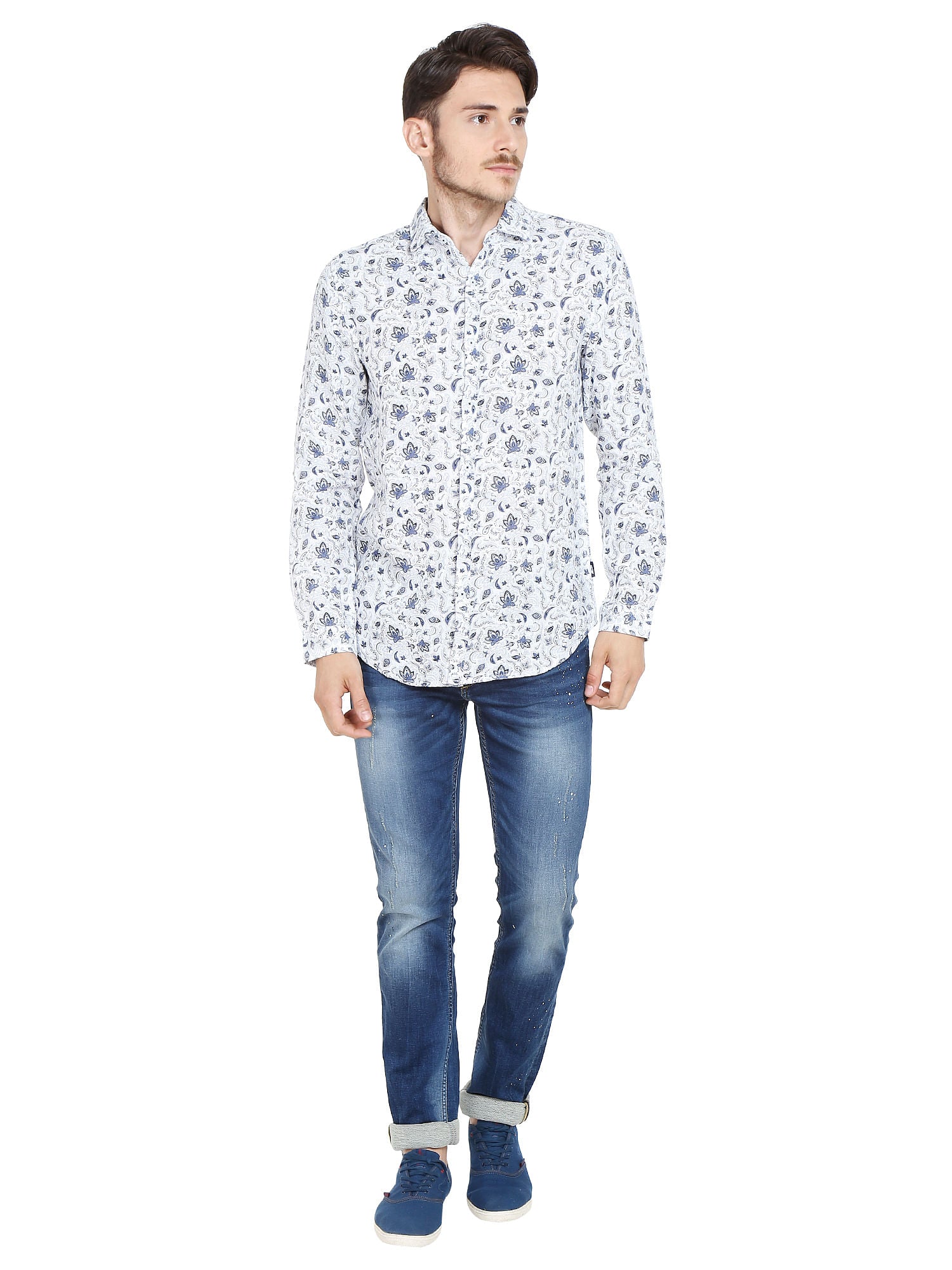 Floral Print White Linen Shirt
