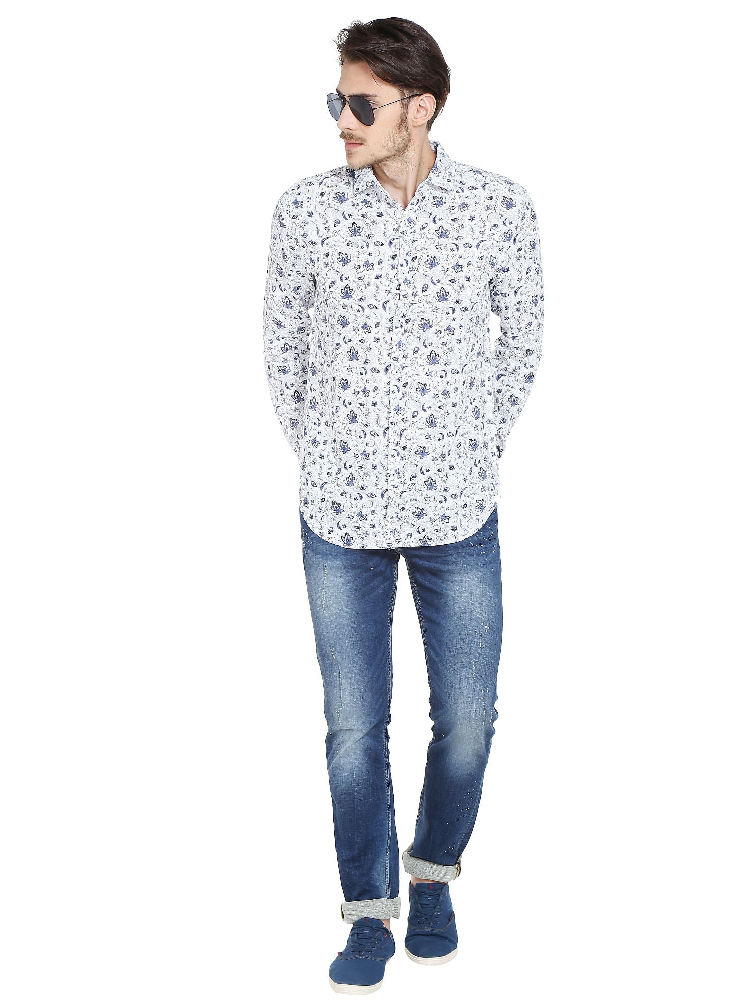 Floral Print White Linen Shirt