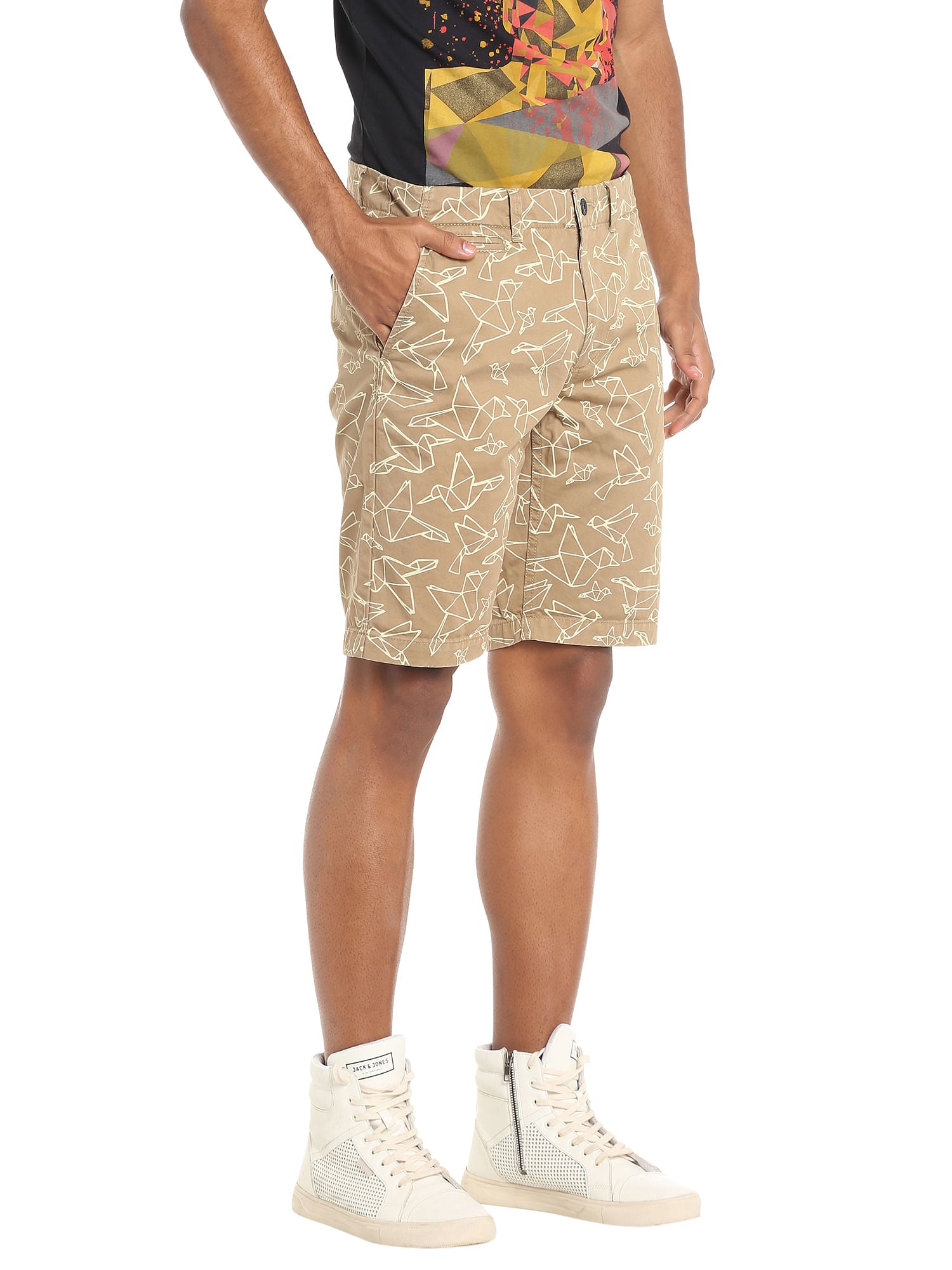 Beige Origami Print Shorts
