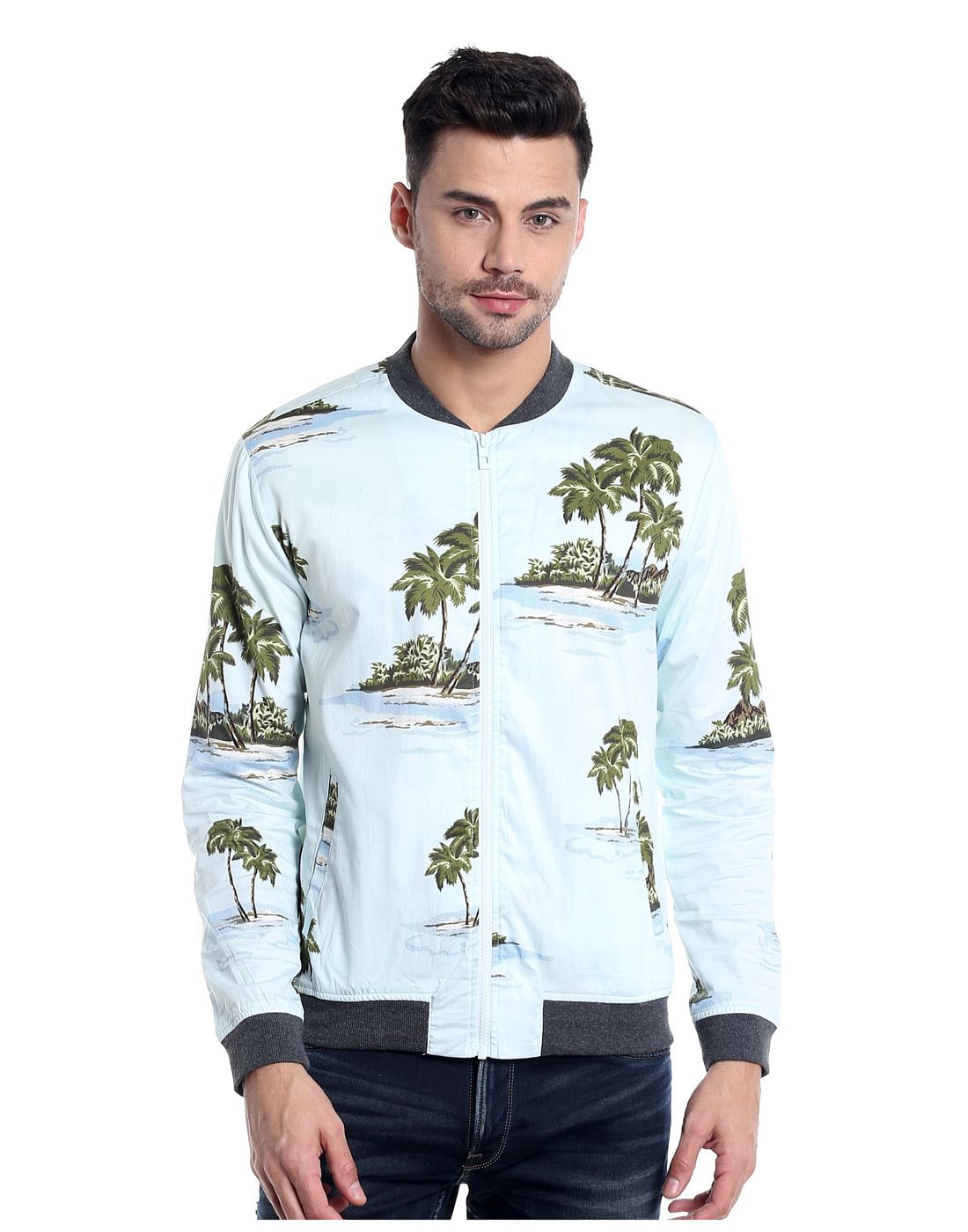 Light Blue Palm Tree Print Bomber Jacket - S
