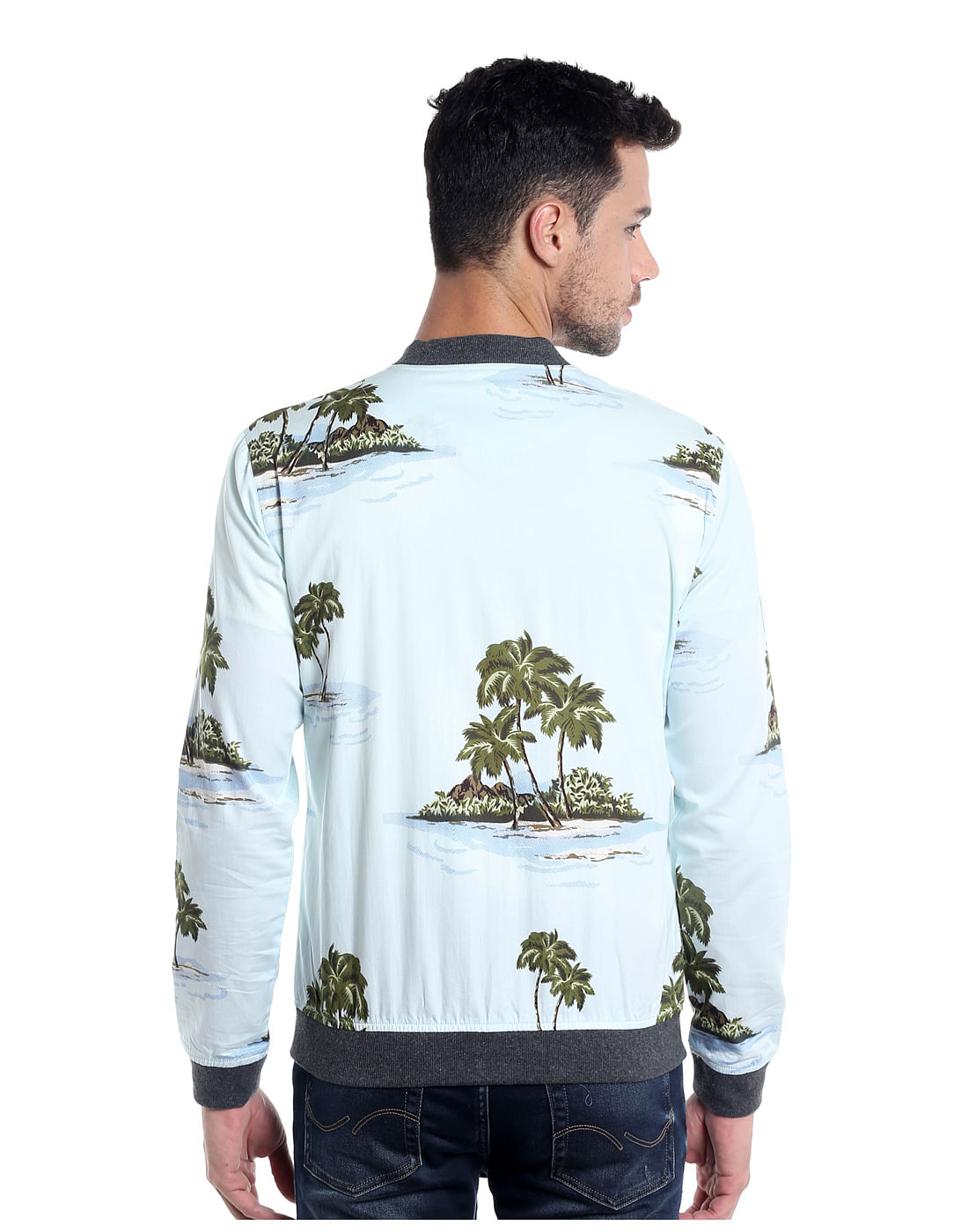 Light Blue Palm Tree Print Bomber Jacket