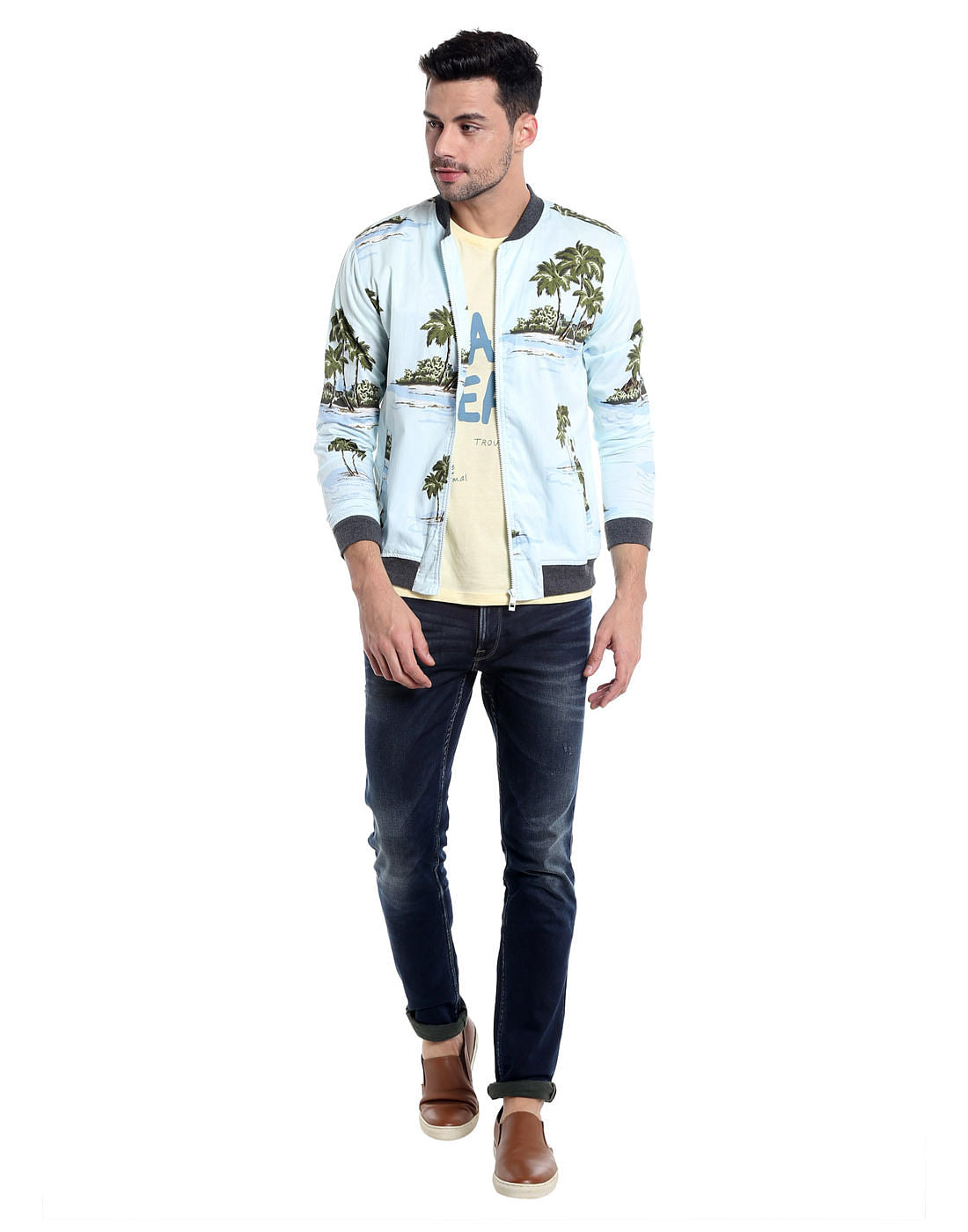 Light Blue Palm Tree Print Bomber Jacket