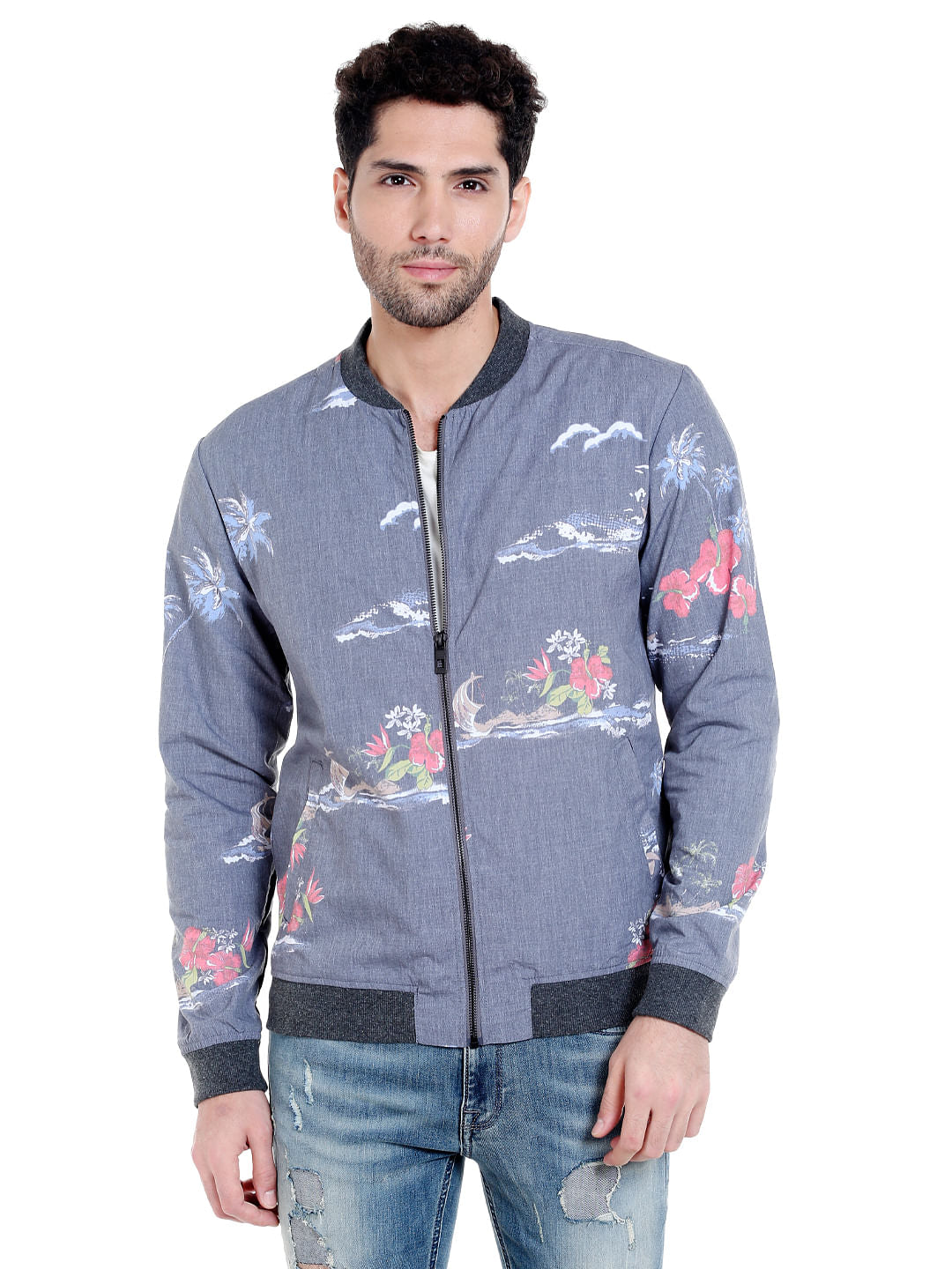Grey Tropical Print Bomber Jacket - S