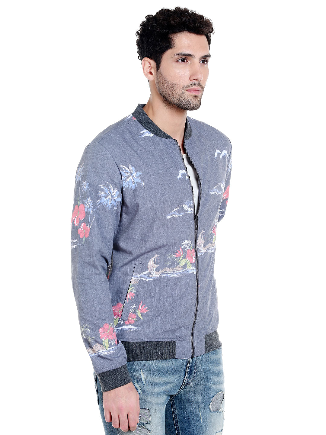 Grey Tropical Print Bomber Jacket