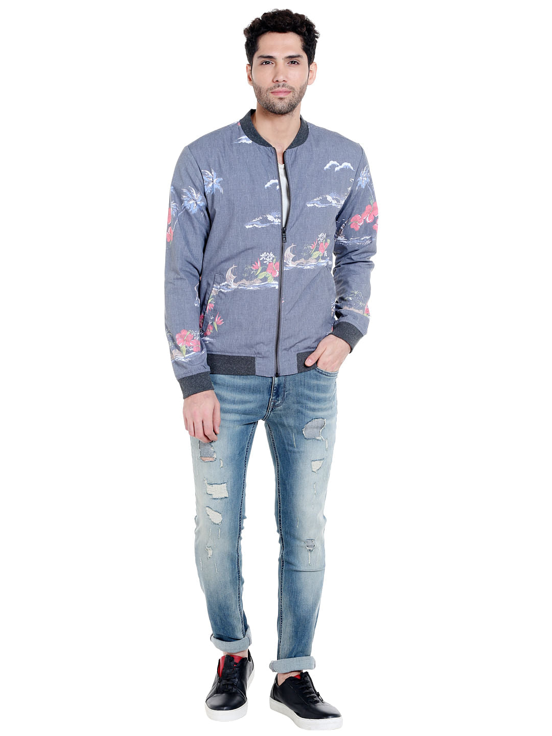 Grey Tropical Print Bomber Jacket