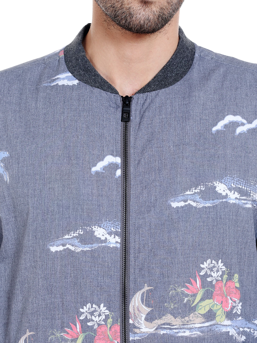 Grey Tropical Print Bomber Jacket
