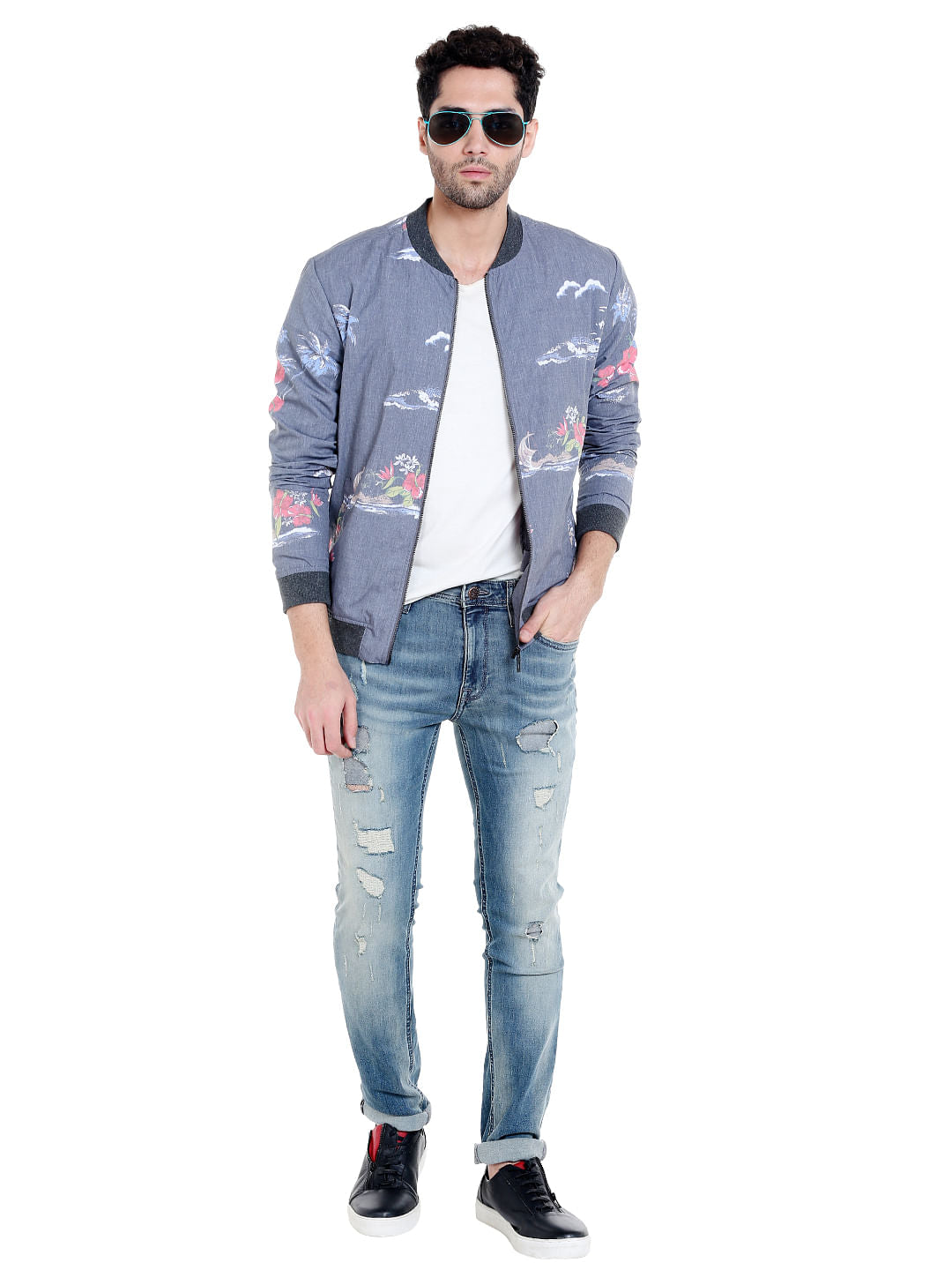 Grey Tropical Print Bomber Jacket