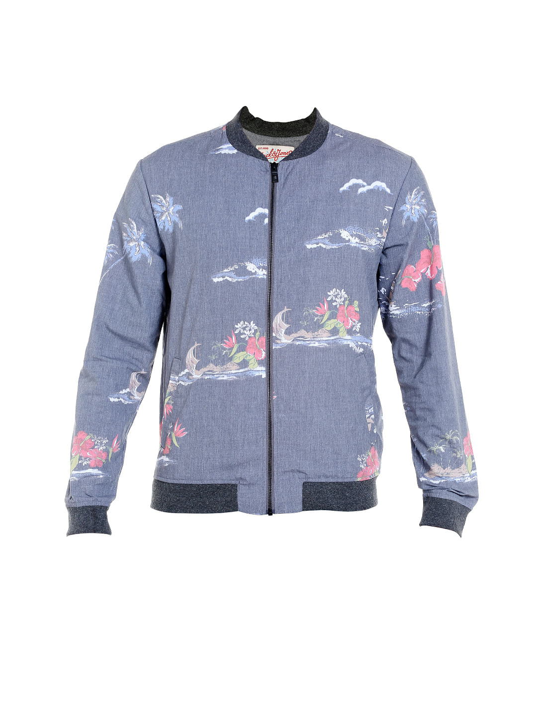 Grey Tropical Print Bomber Jacket