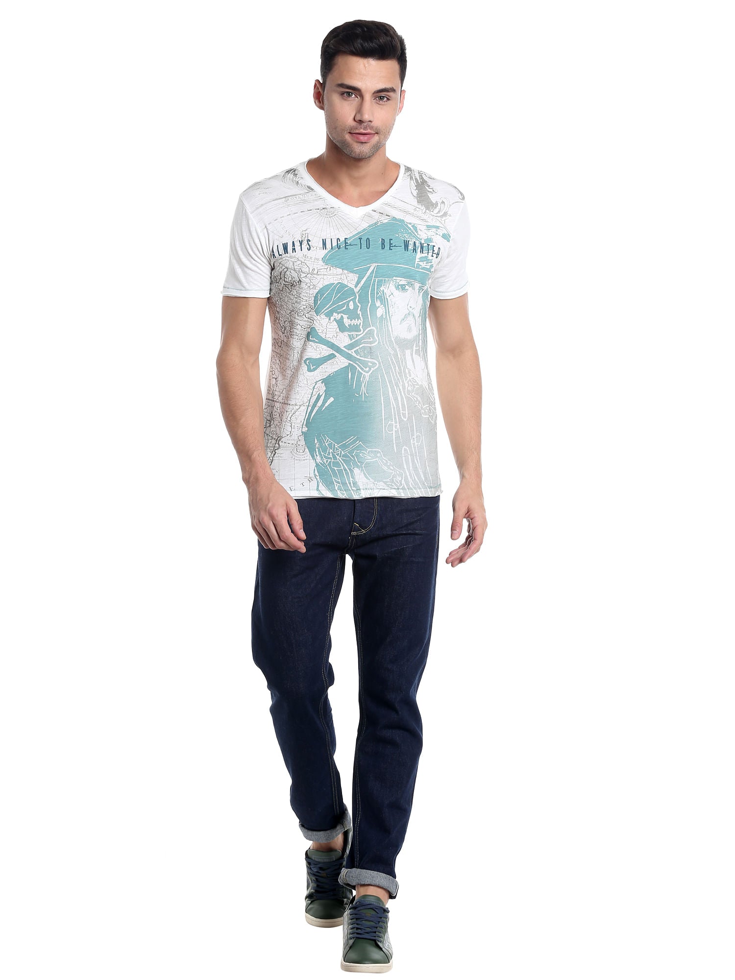 Pirates Of The Caribbean Jack Sparrow Print White T-Shirt