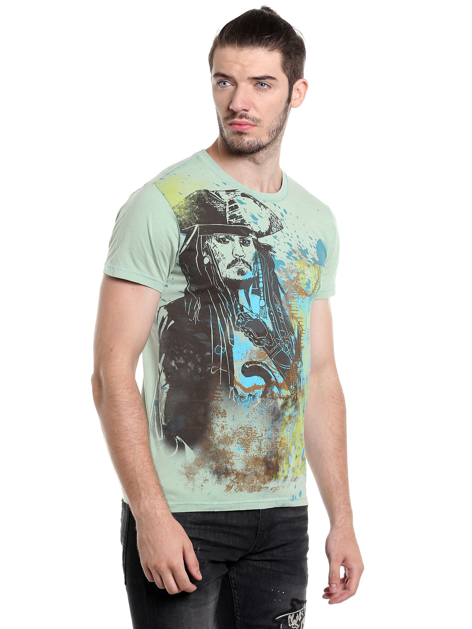 Pirates Of The Caribbean Jack Sparrow Print Green T-Shirt