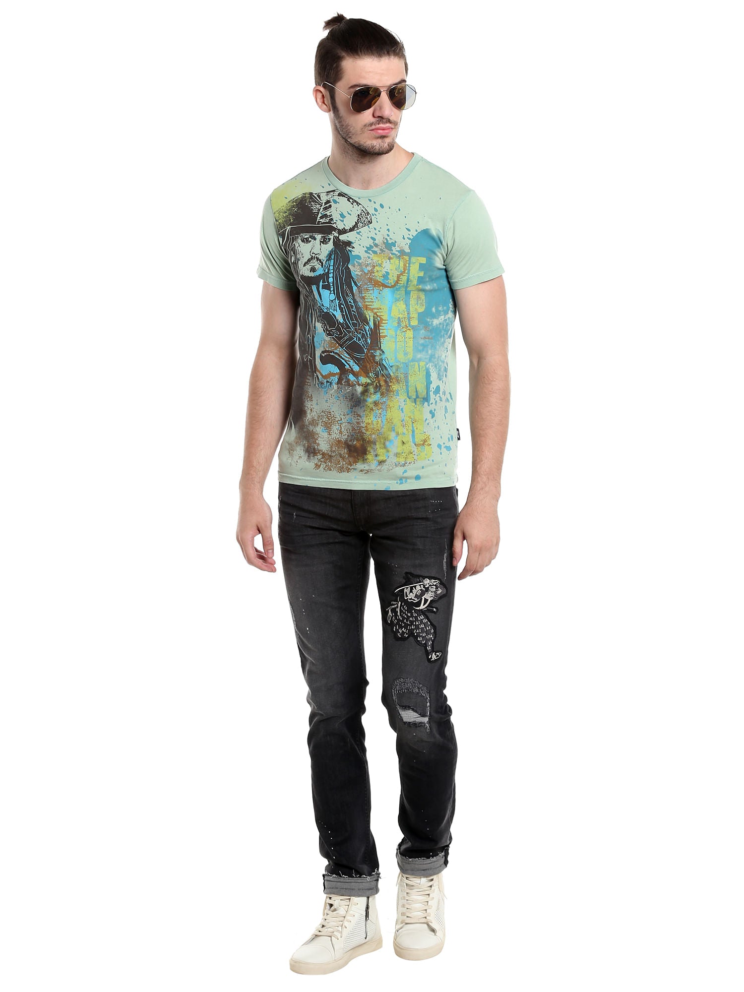 Pirates Of The Caribbean Jack Sparrow Print Green T-Shirt