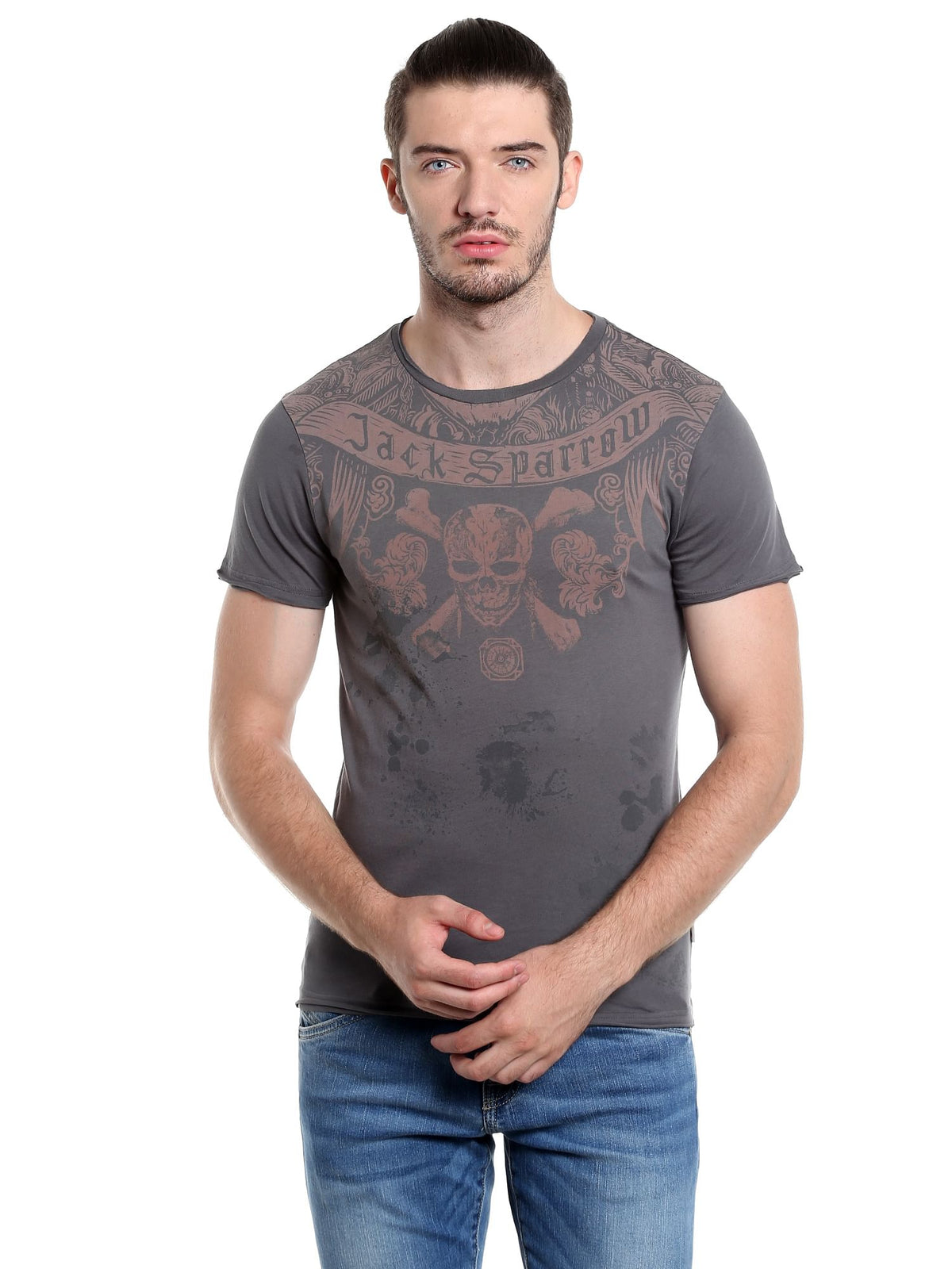Pirates Of The Caribbean Jack Sparrow Printed Grey T-Shirt - S