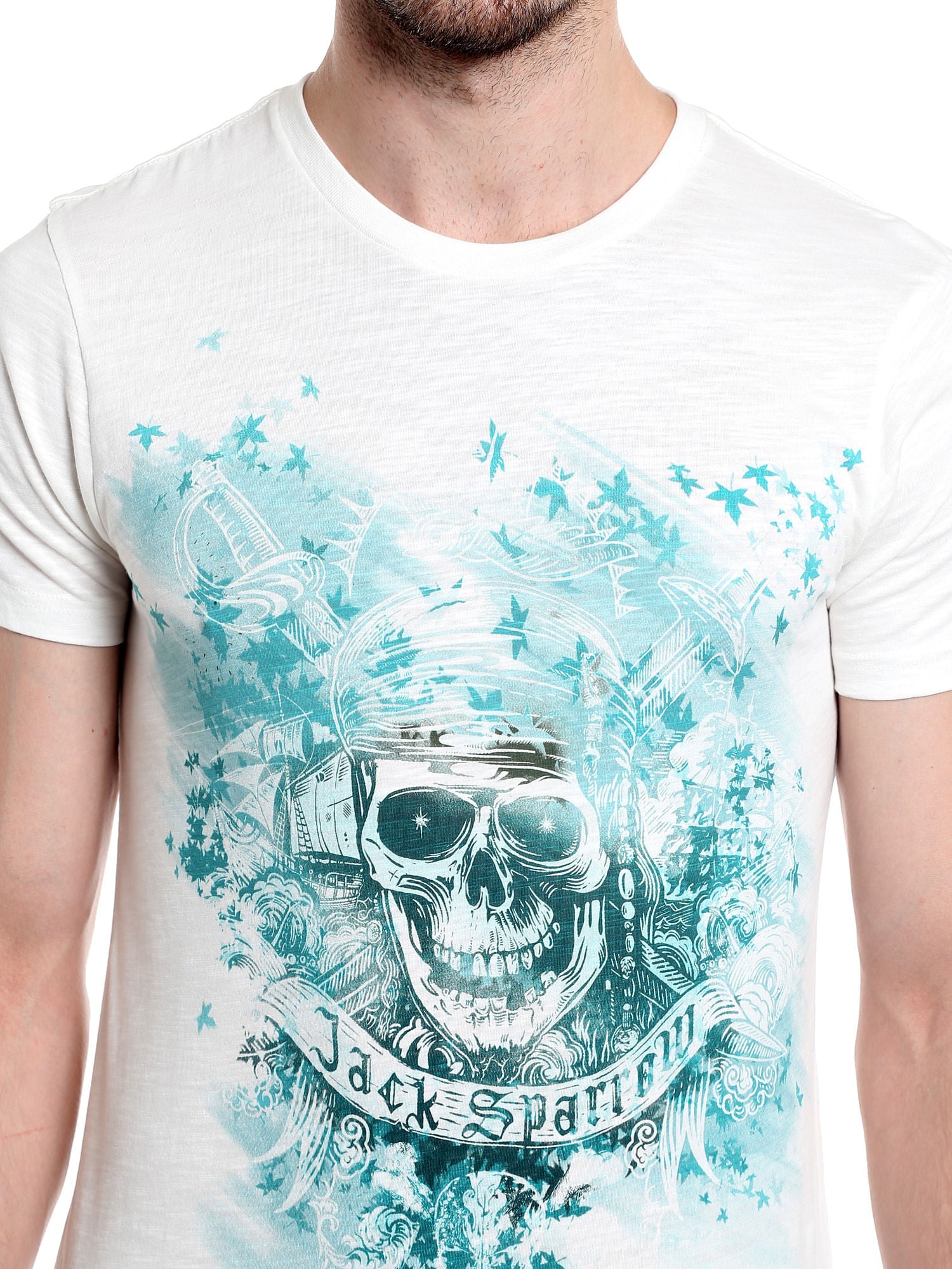 Pirates Of The Caribbean Skull Print White T-Shirt