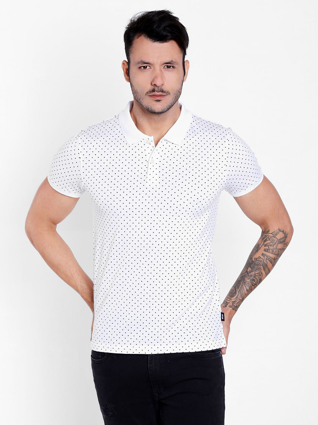 White Polka Dots Polo T-Shirt - S