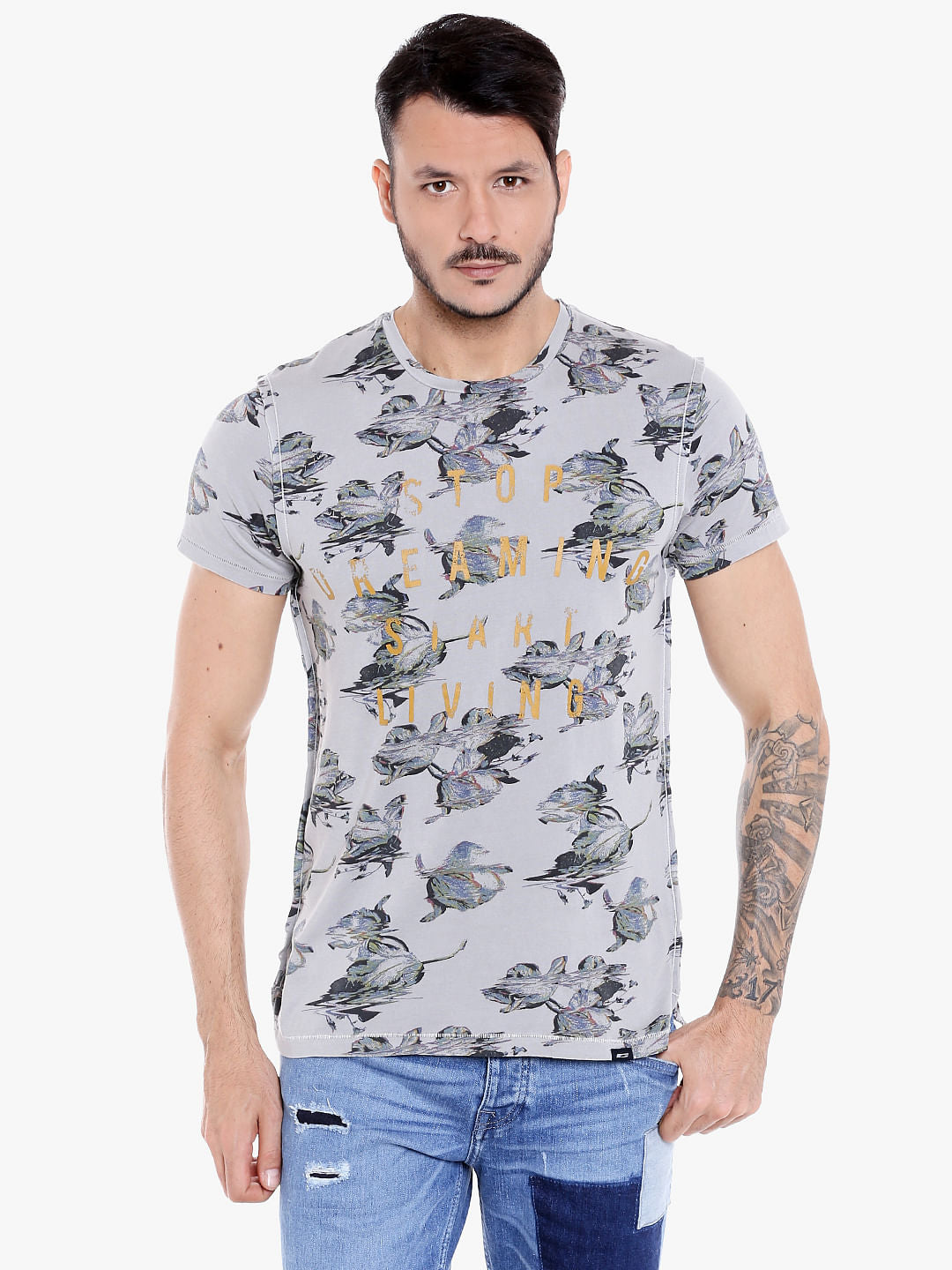 Grey All Over Print Crew Neck T-Shirt - S