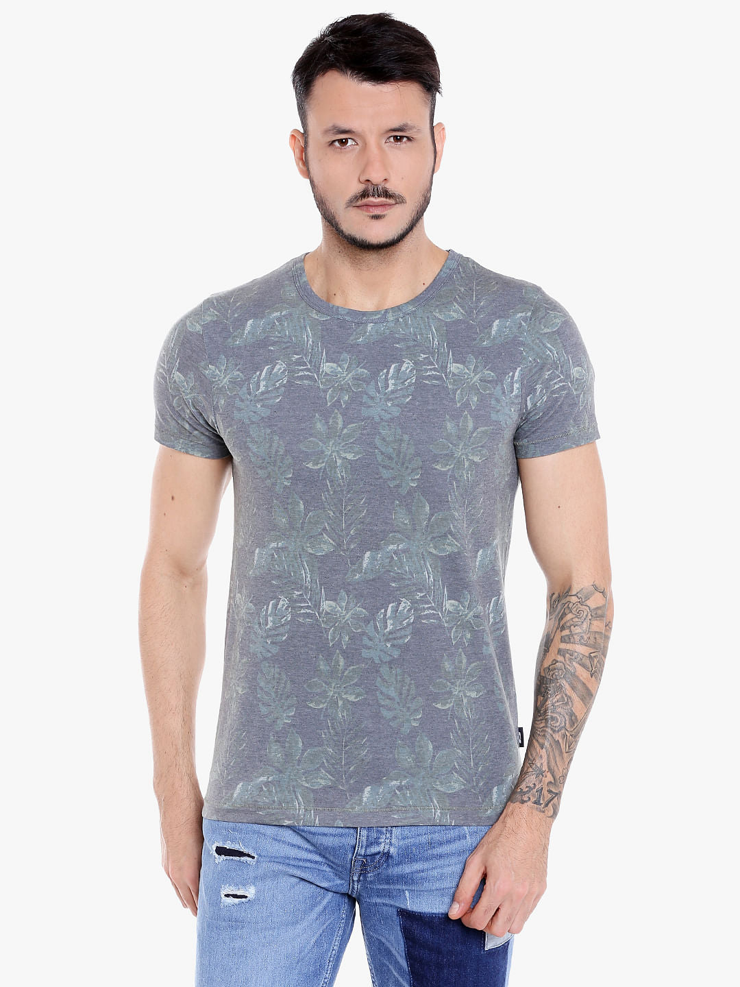 Grey Tropical Print Crew Neck T-Shirt - S