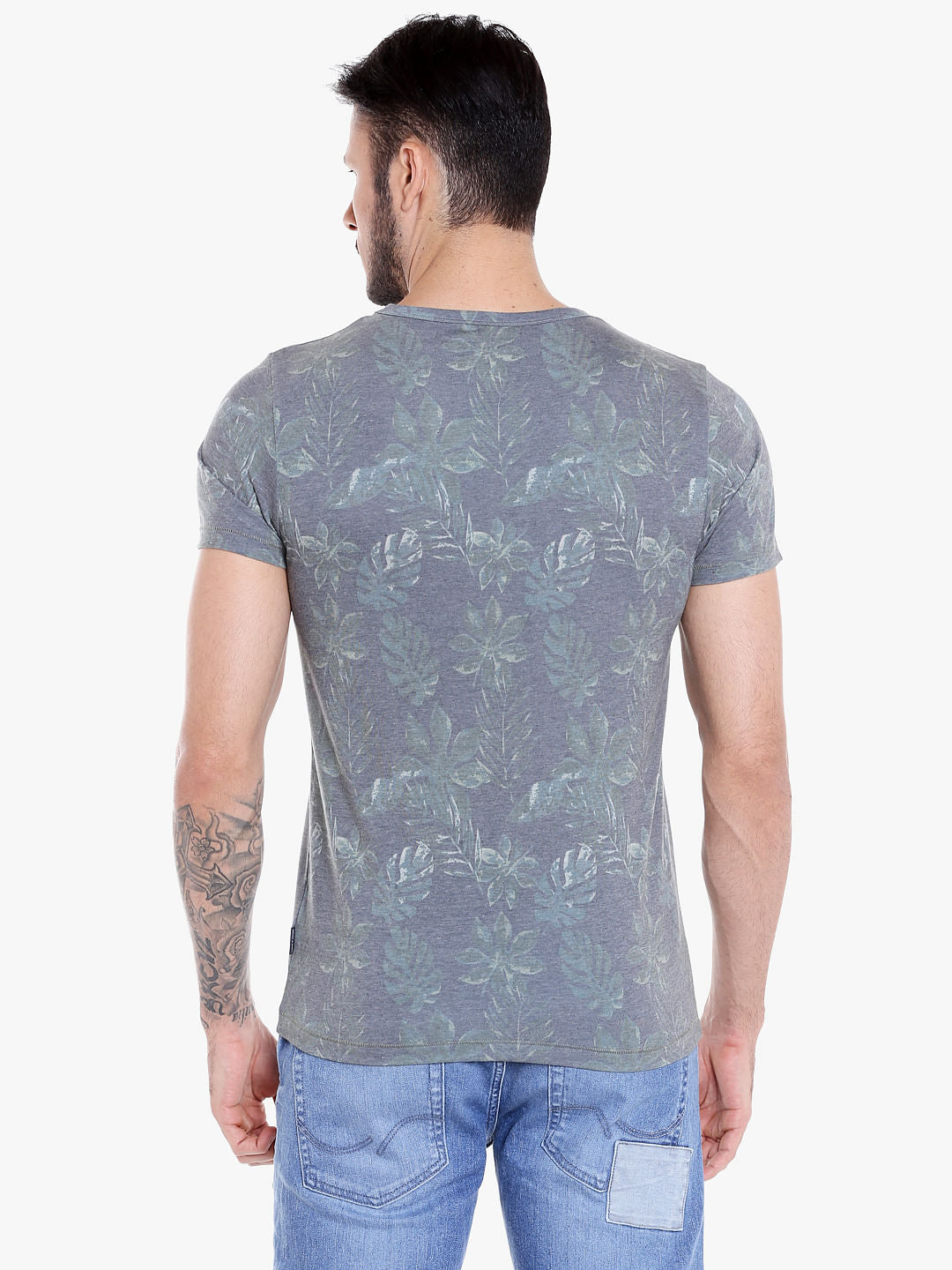 Grey Tropical Print Crew Neck T-Shirt
