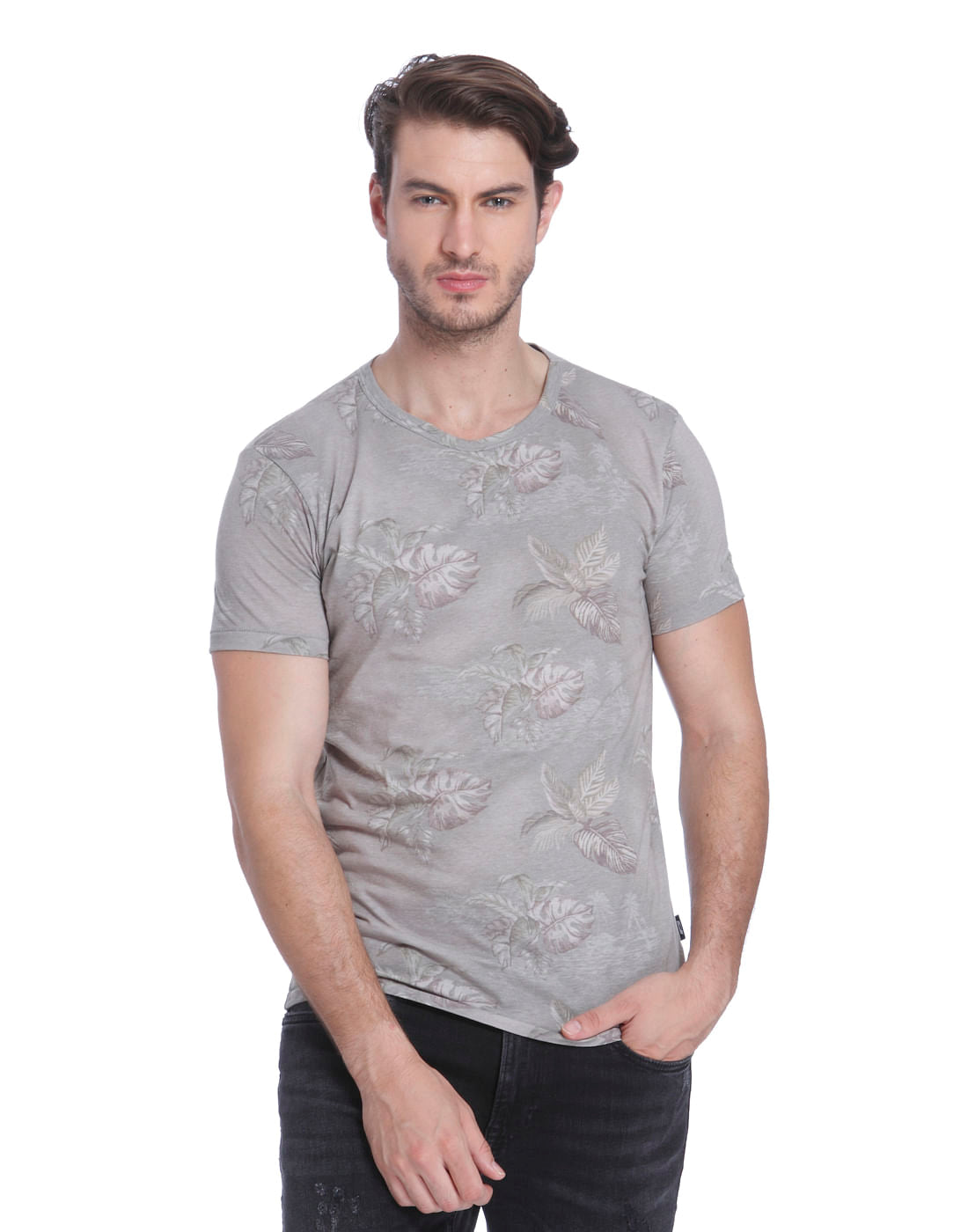 Grey Leaf Print Crew Neck T-Shirt - S