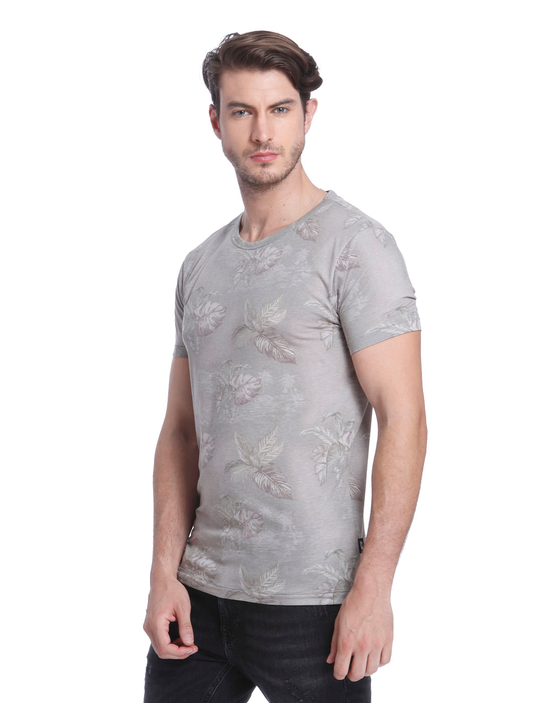 Grey Leaf Print Crew Neck T-Shirt
