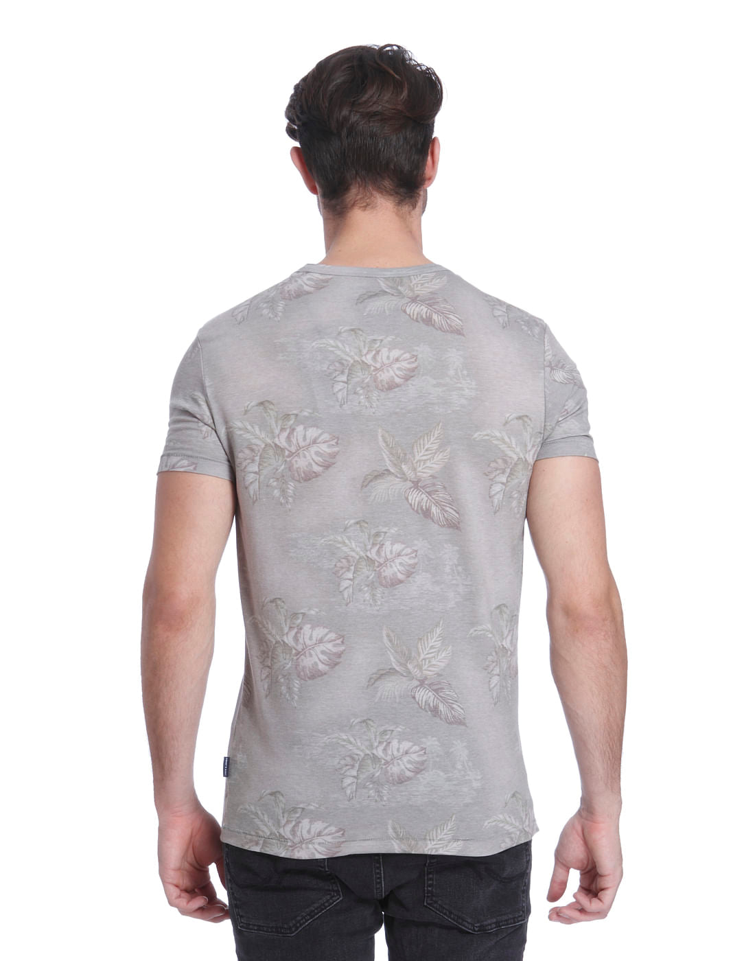 Grey Leaf Print Crew Neck T-Shirt