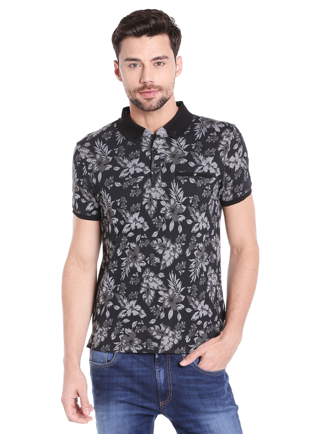 Black Floral Print Polo T-Shirt
