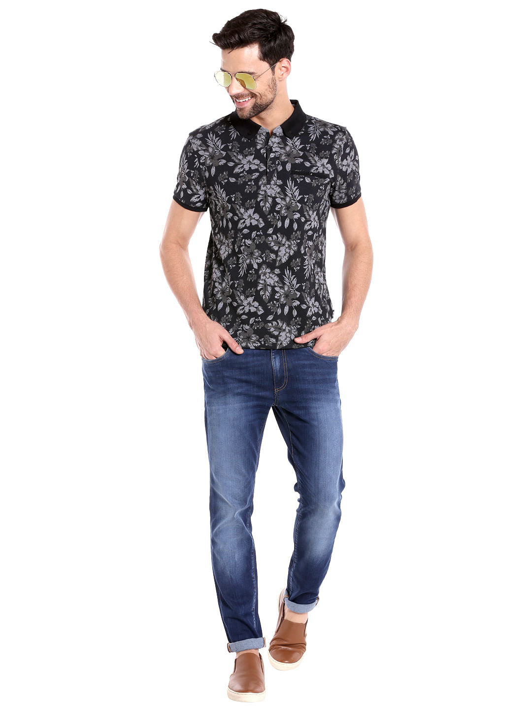 Black Floral Print Polo T-Shirt