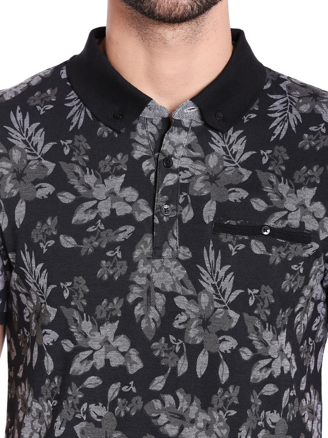 Black Floral Print Polo T-Shirt