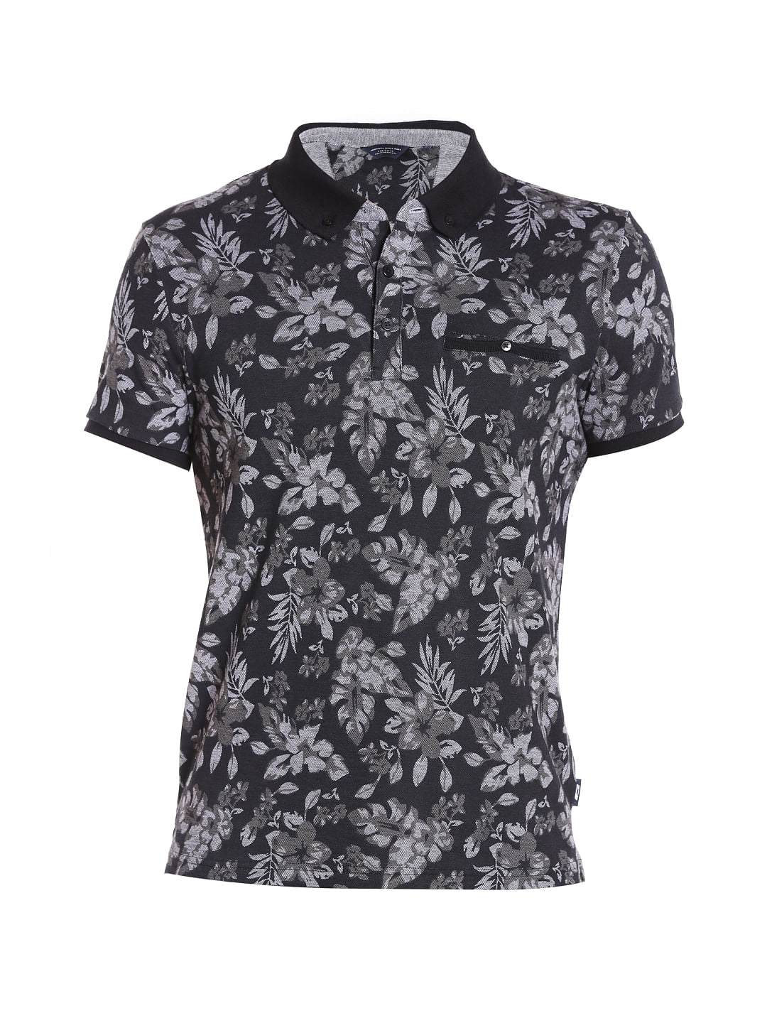 Black Floral Print Polo T-Shirt