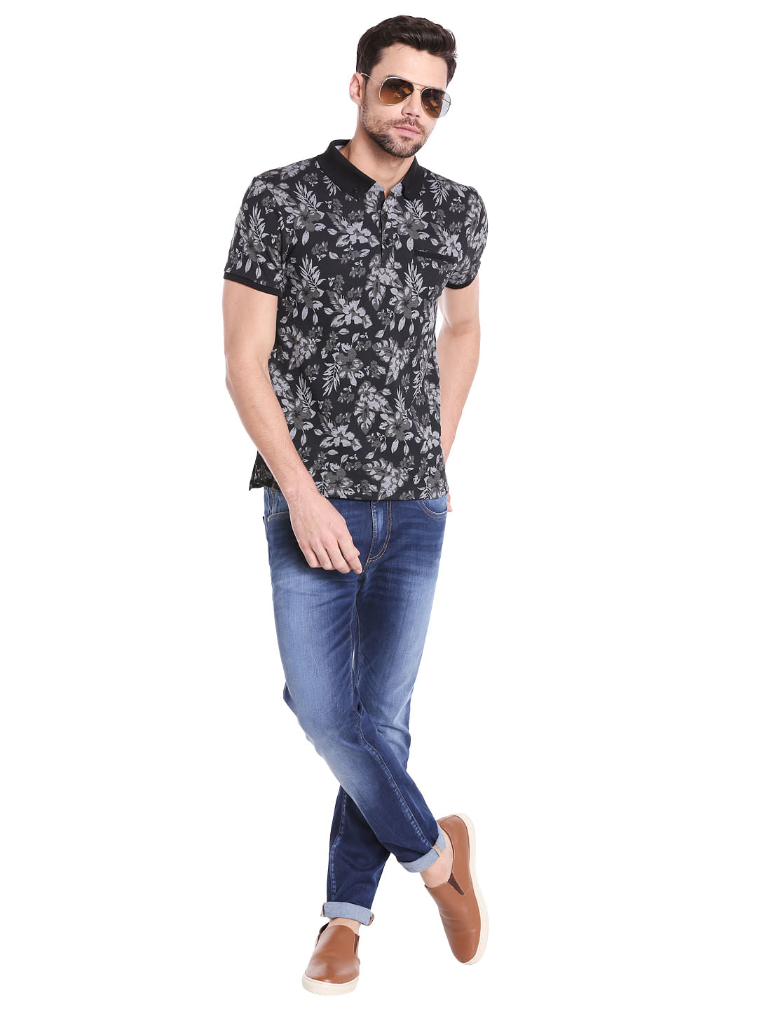 Black Floral Print Polo T-Shirt