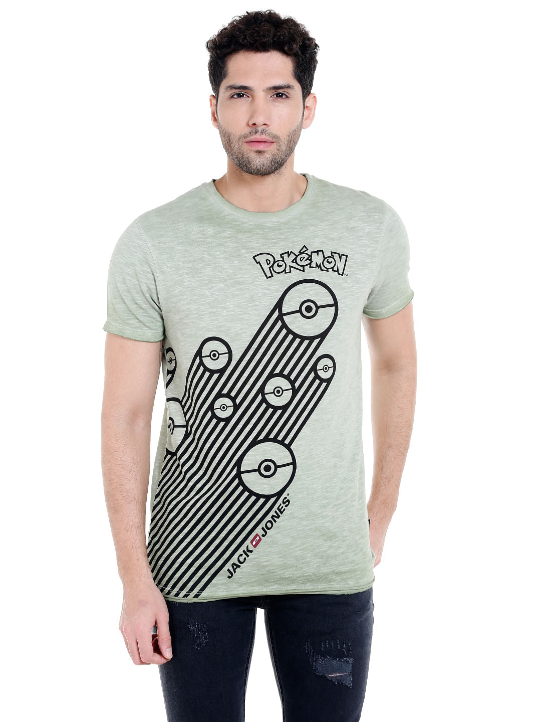 X Pokemon Light Green Poke Ball Print Crew Neck T-Shirt - S