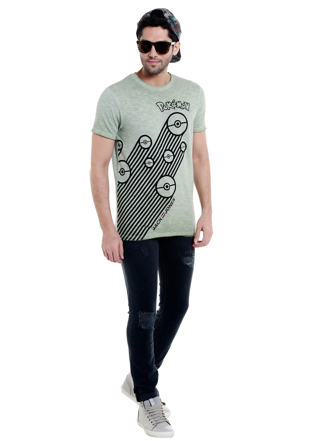 X Pokemon Light Green Poke Ball Print Crew Neck T-Shirt