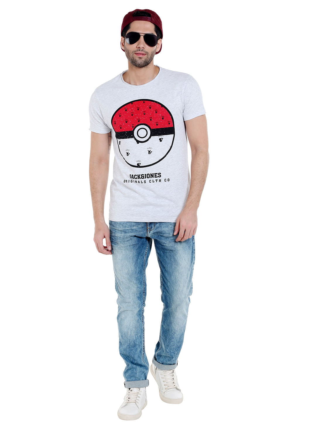 X Pokemon White Poke Ball Print Crew Neck T-Shirt