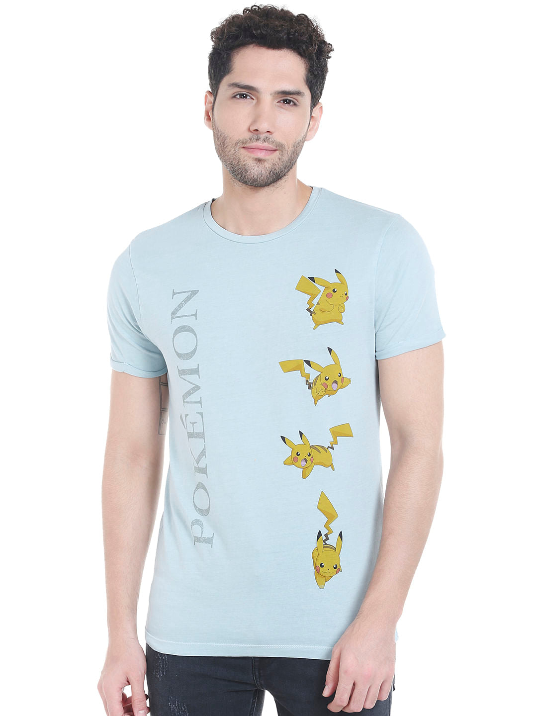 X Pokemon Light Blue Pikachu Print Crew Neck T-Shirt - S