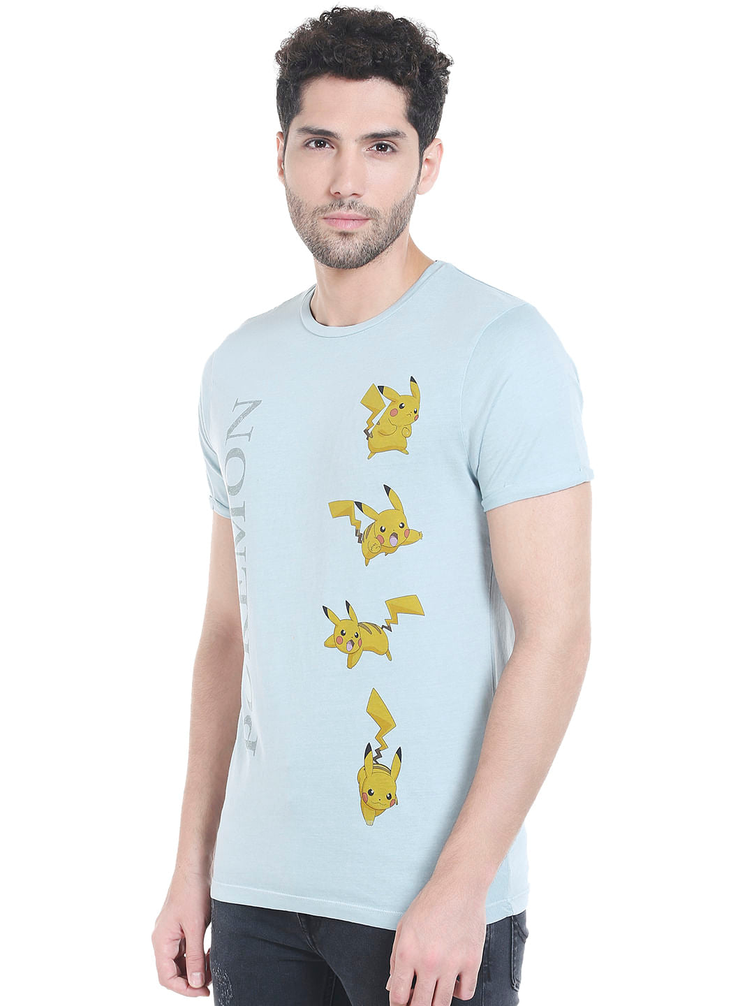 X Pokemon Light Blue Pikachu Print Crew Neck T-Shirt